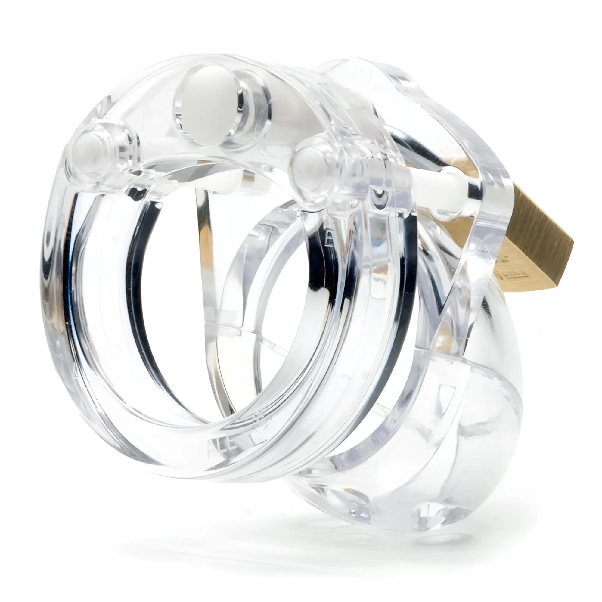 Clear plastic cb-x cockcage mini-me clear chastity cage with gold-colored metal lock for secure wear