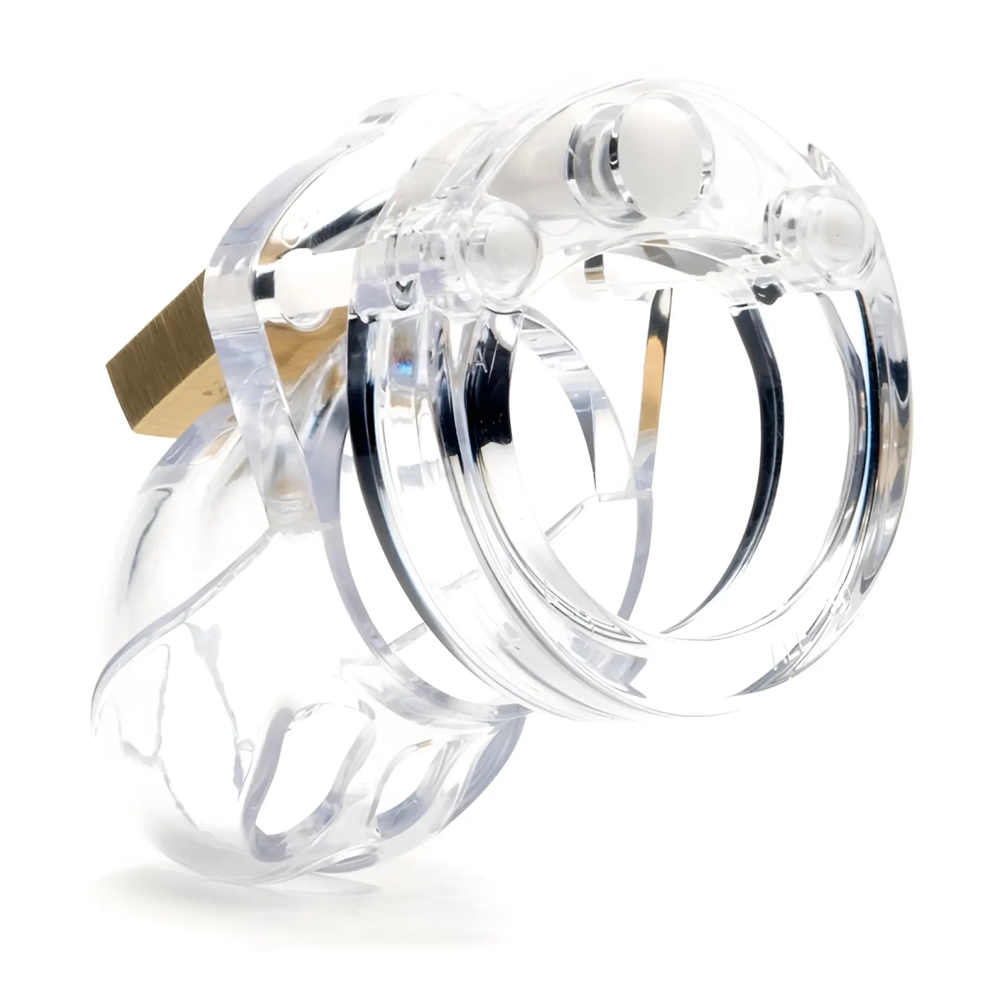 Clear acrylic cb x cockcage mr stubb clear with gold metal lock designed for secure male chastity play