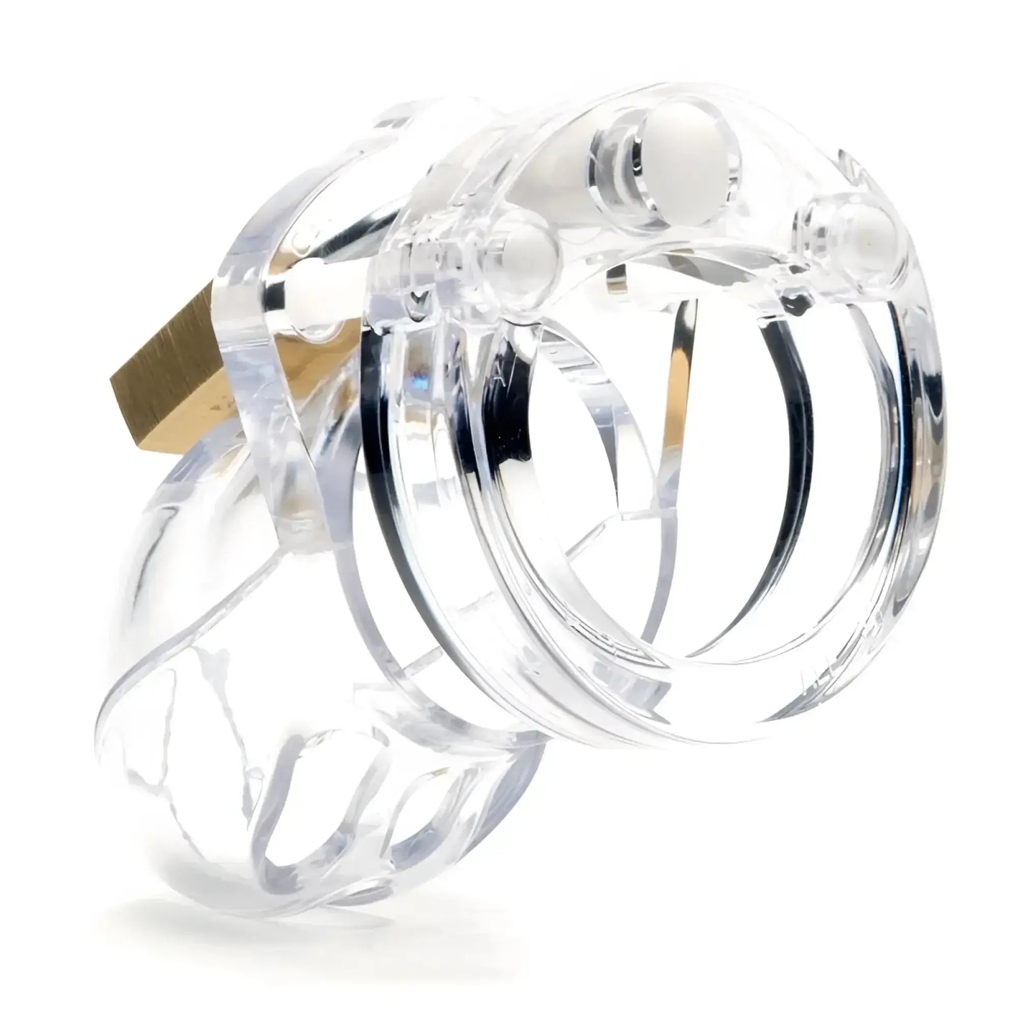 Clear acrylic cb x cockcage mr stubb clear with gold metal lock designed for secure male chastity play