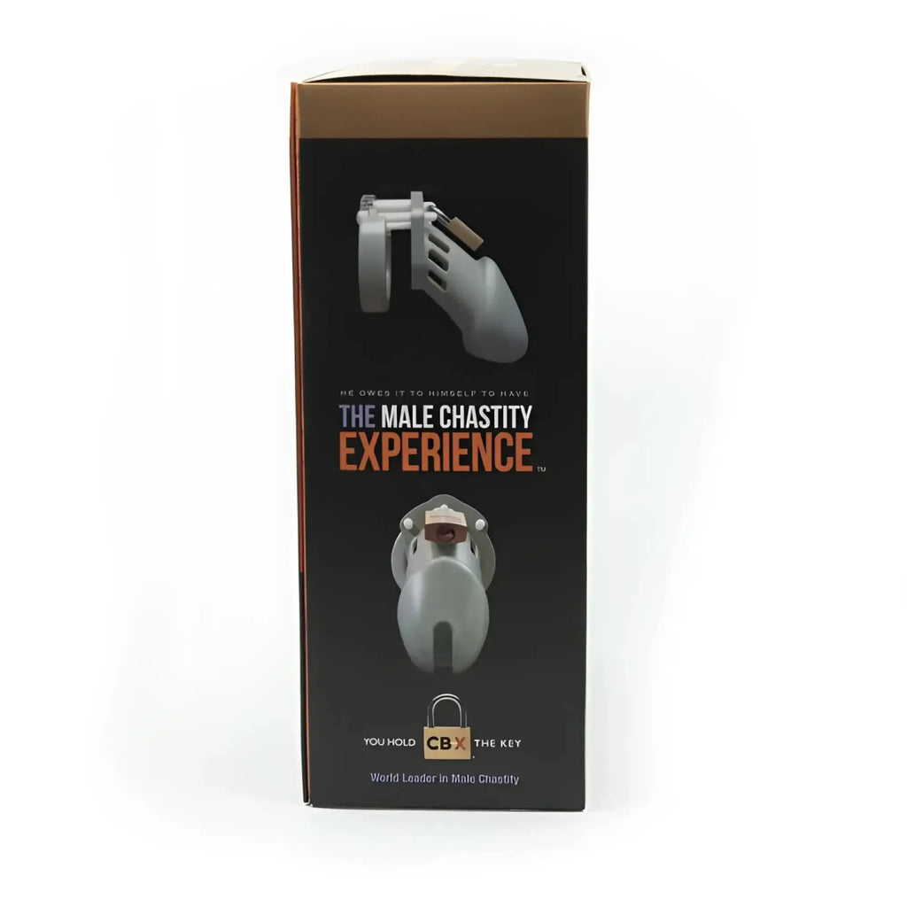 Gray metallic male chastity device made of metal in a black box with orange and white text titled CB-X Cockcage