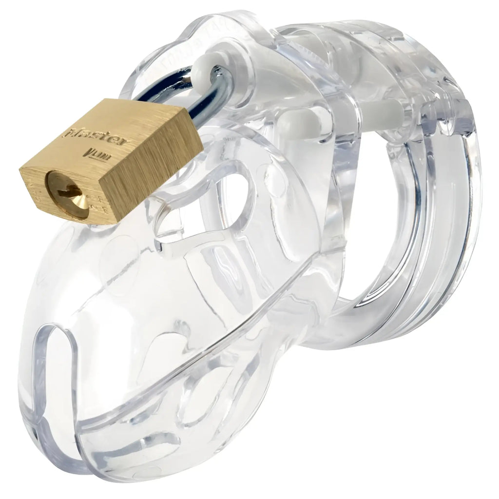Clear plastic cb-x cockcage mr stubb with a brass padlock for secure male chastity use