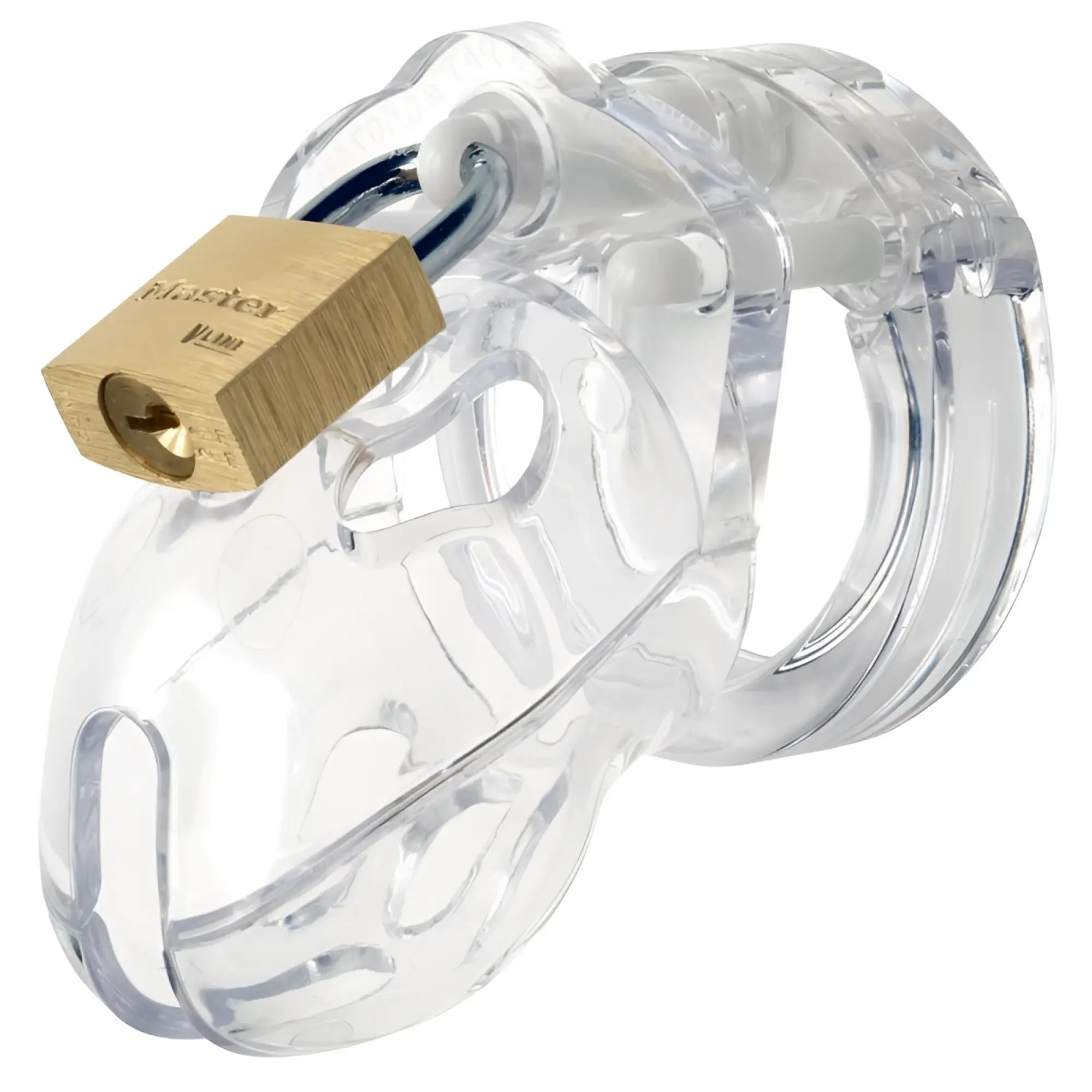 Clear plastic cb-x cockcage mr stubb with a brass padlock for secure male chastity use