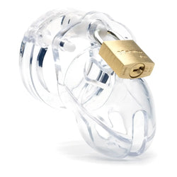Clear plastic cb-x cockcage mr stubb with gold-colored brass padlock for secure wear and comfort