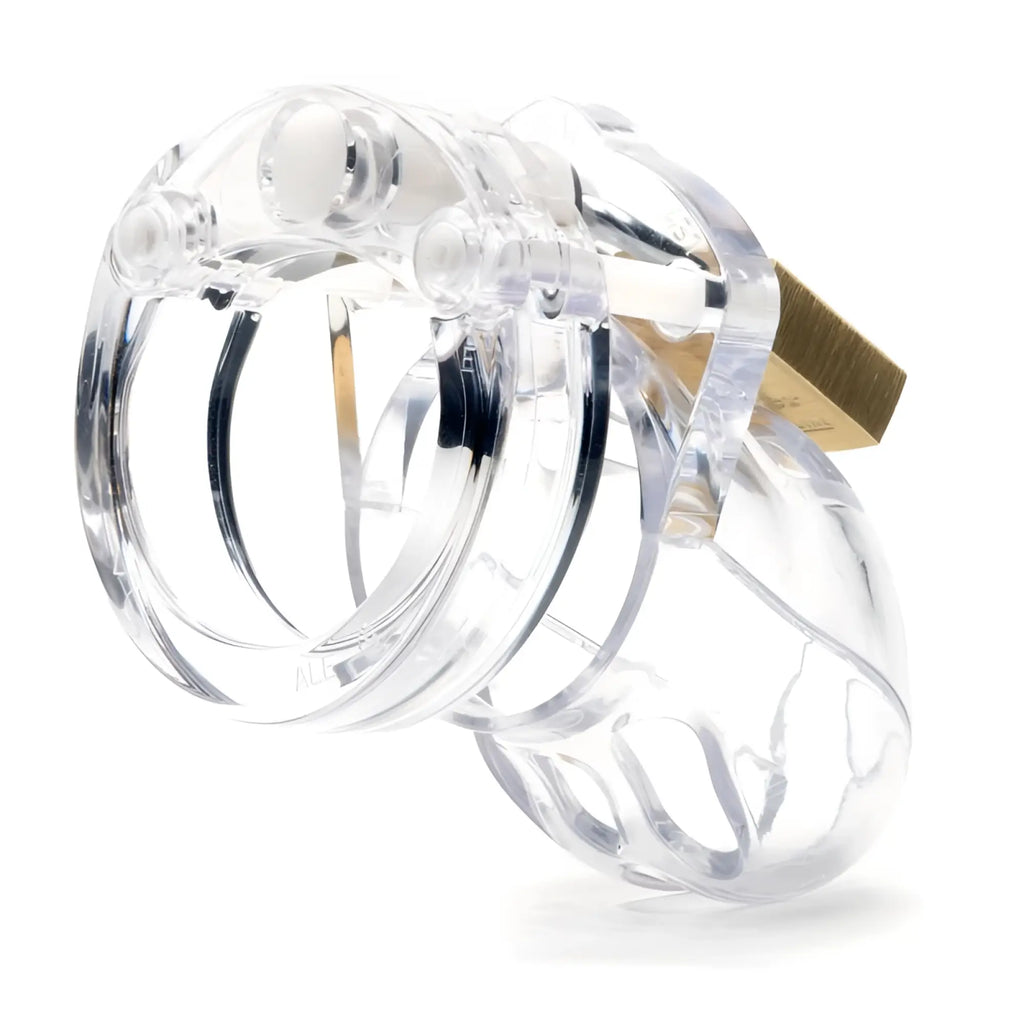Clear plastic cb-x cockcage mr stubb chastity device with gold colored lock for secure wear
