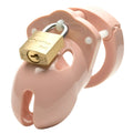 Pink plastic cb-x cockcage mr stubb with a gold-colored master lock attached for secure male chastity play