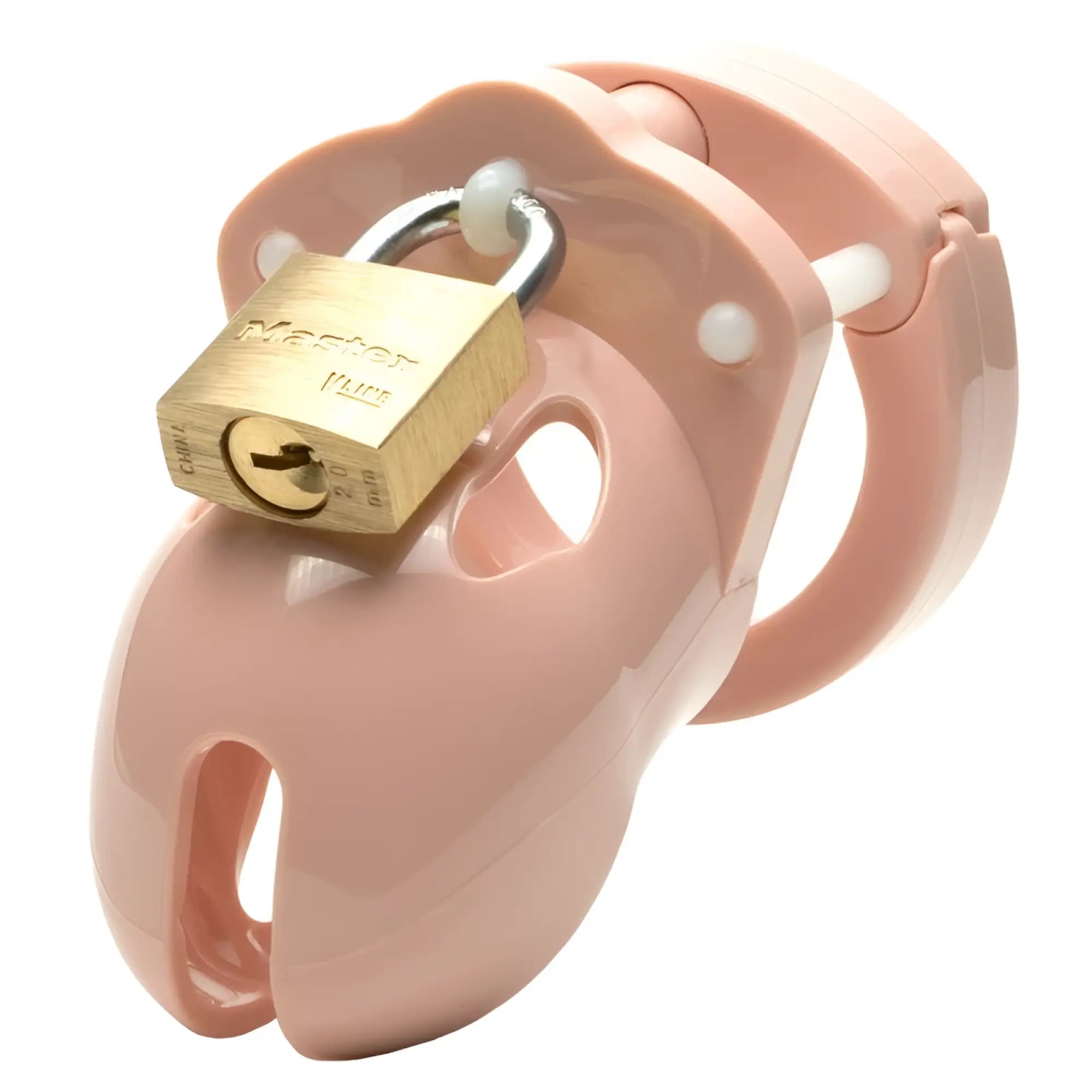 Pink plastic cb-x cockcage mr stubb with a gold-colored master lock attached for secure male chastity play