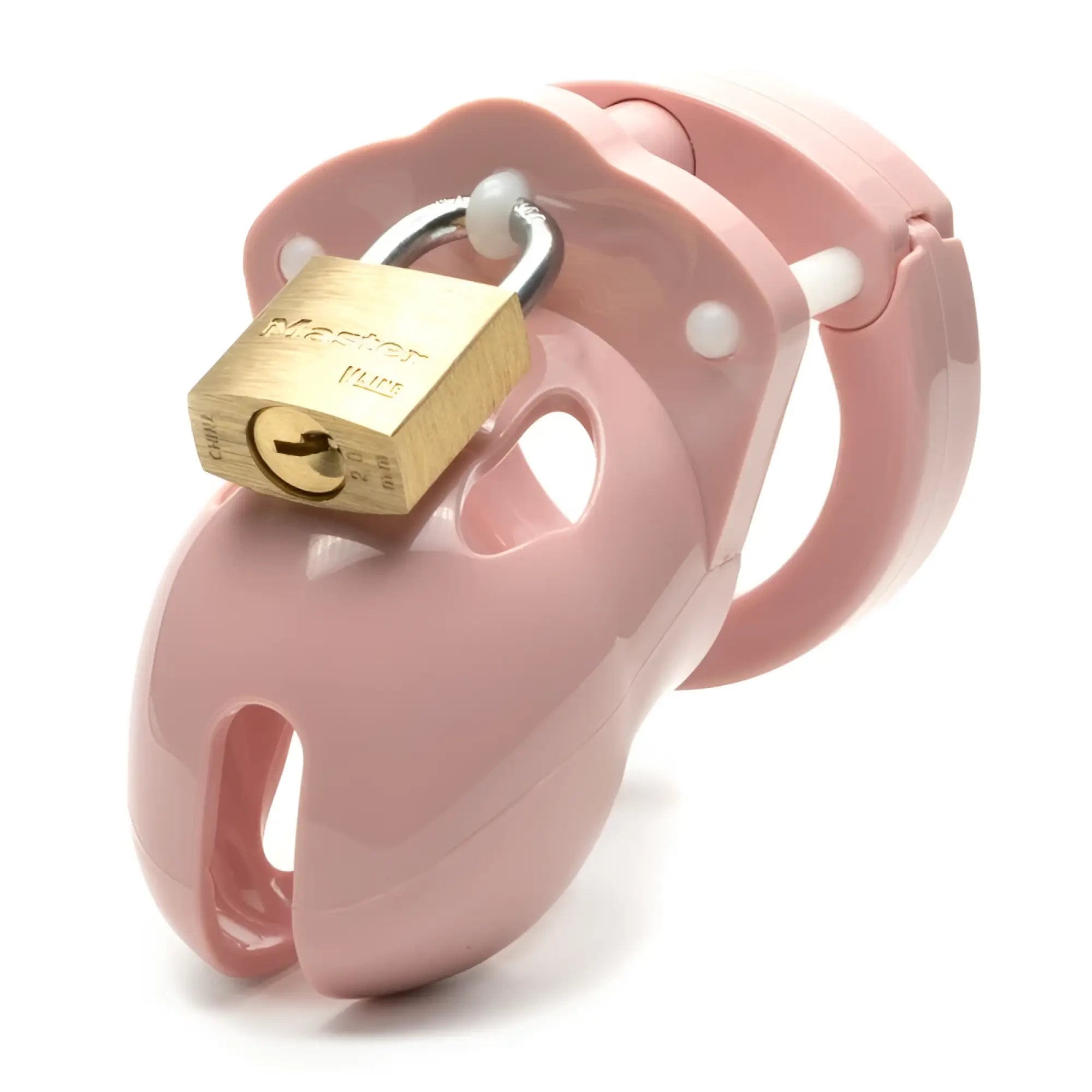 Pink plastic cockcage CB-X Mr Stubb with gold master brand lock attached for secure chastity play