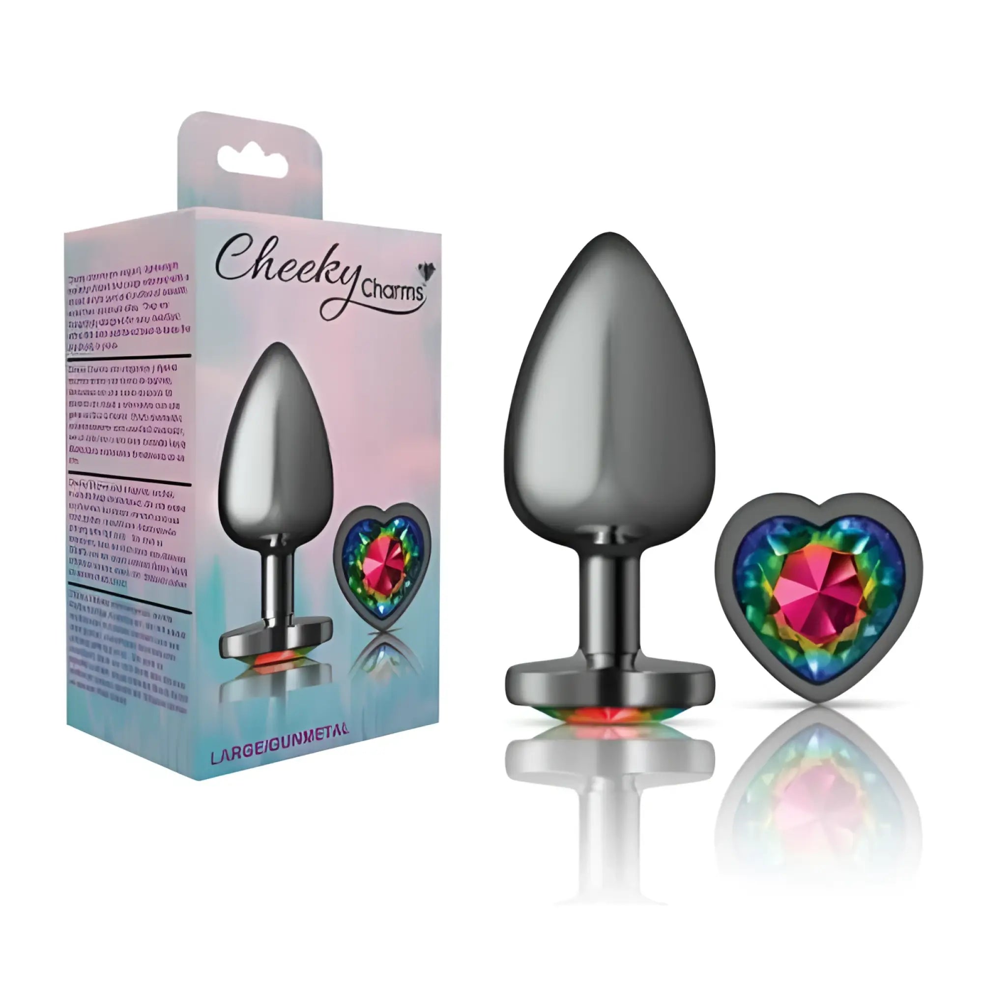Cheeky charms gunmetal heart-shaped butt plug with rainbow jewel centerpiece and matching heart charm large size