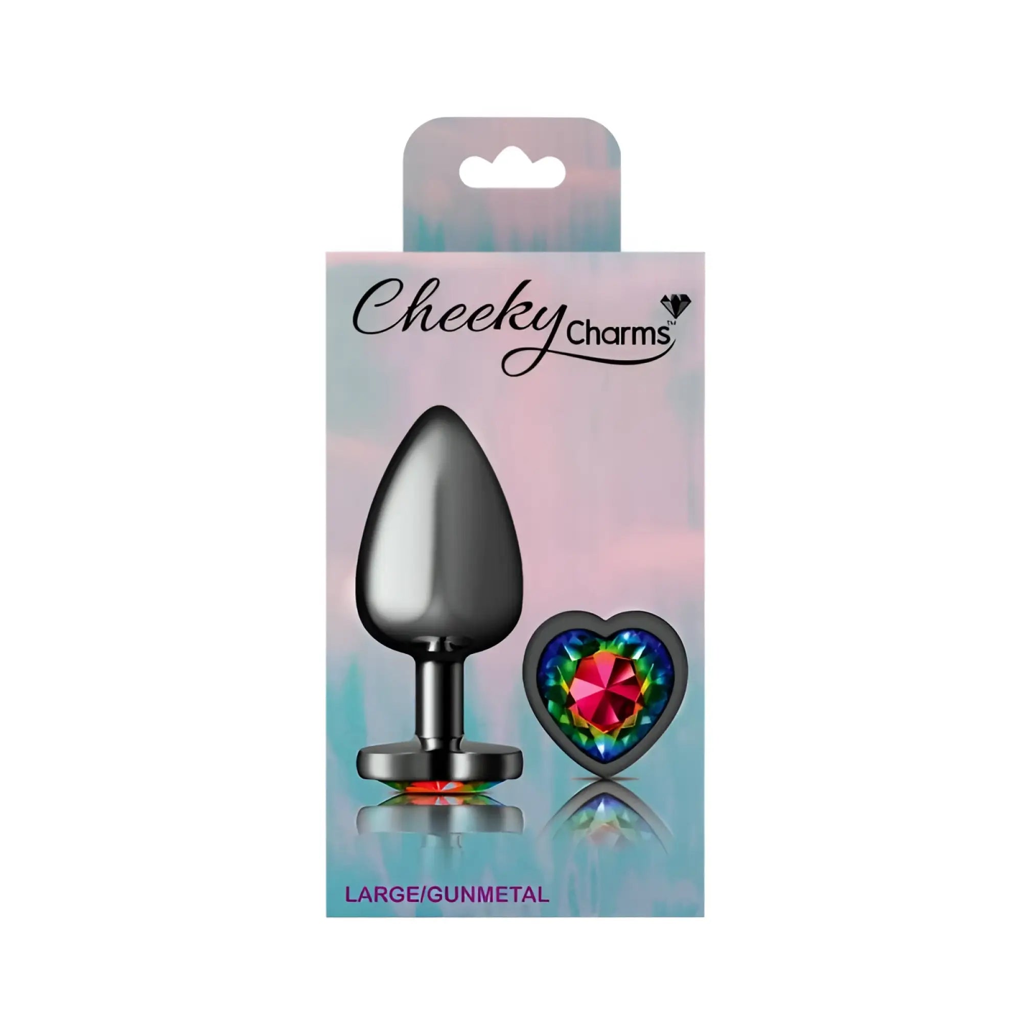 Gunmetal teardrop butt plug with smooth reflective surface and heart rainbow jewel charm large cheeky charms