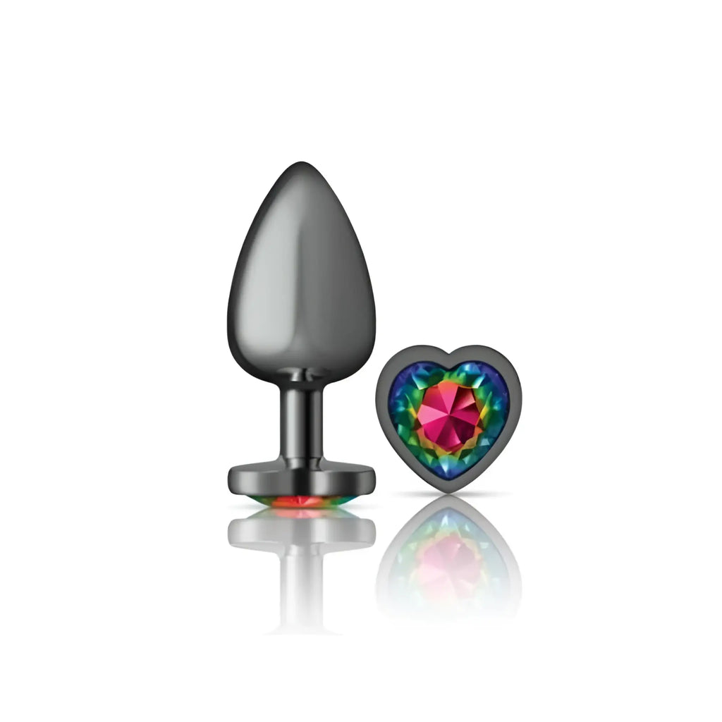 A sleek matte black gunmetal butt plug with a heart-shaped rainbow jewel by cheeky charms large size