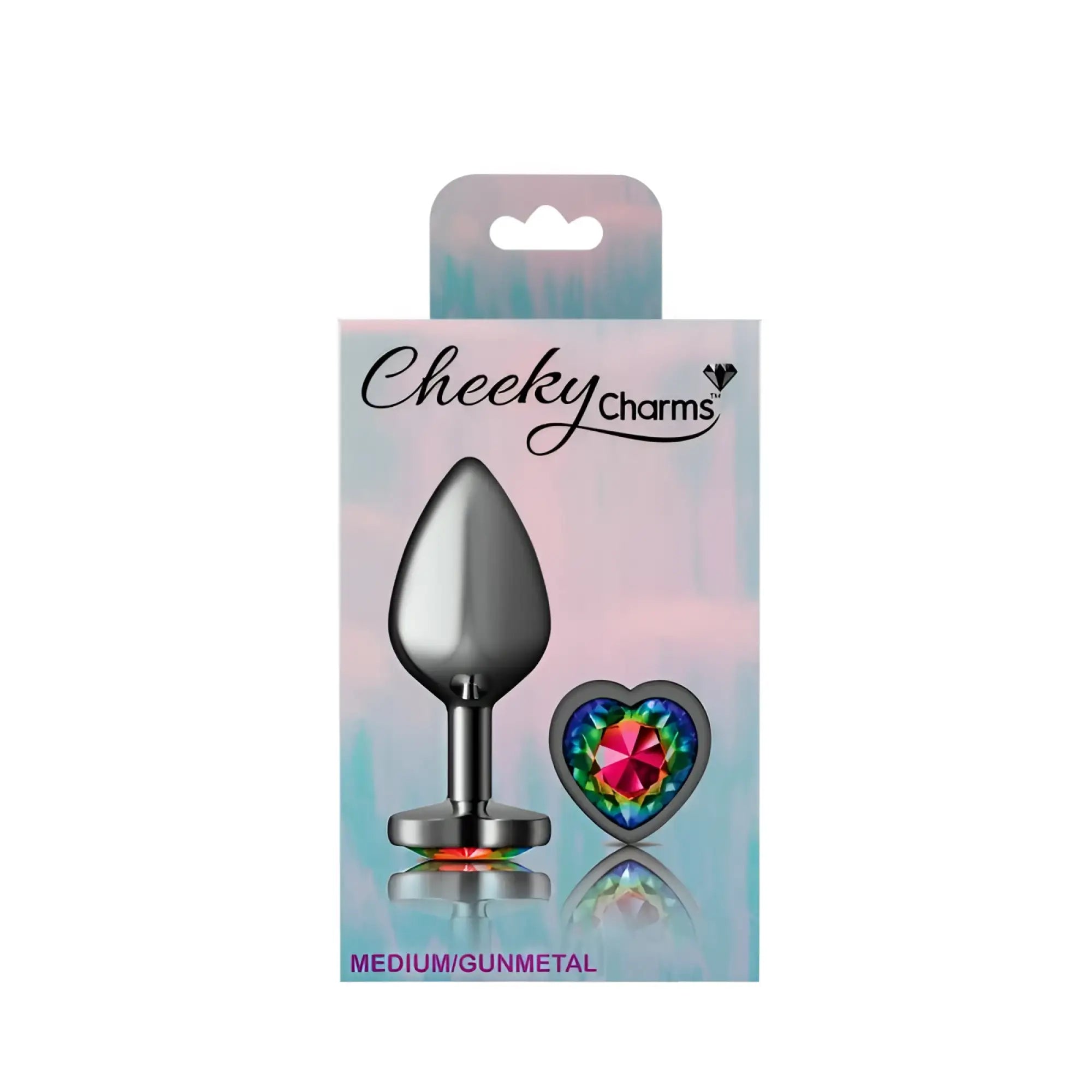 Gunmetal teardrop anal plug with a heart-shaped rainbow jewel charm from Cheeky Charms medium size