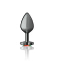 A sleek gunmetal dark gray metallic butt plug with a smooth teardrop head and a rainbow heart jewel base