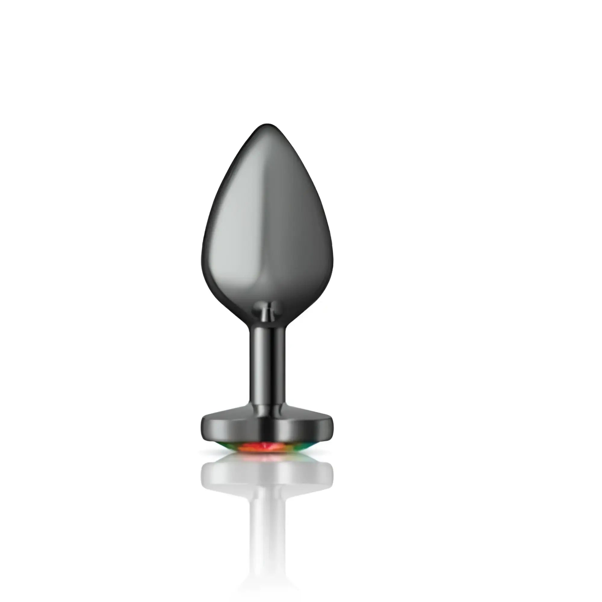 A sleek gunmetal dark gray metallic butt plug with a smooth teardrop head and a rainbow heart jewel base