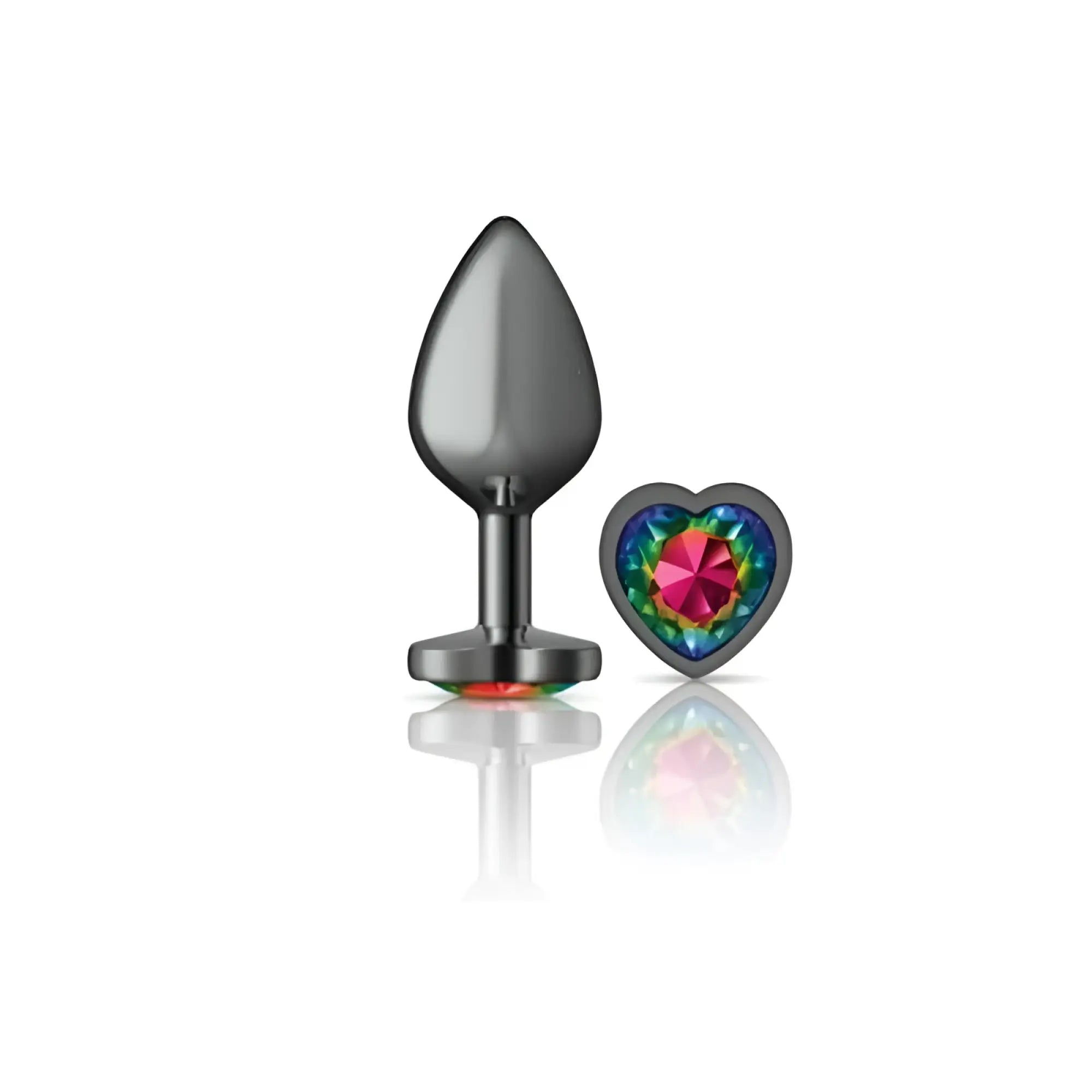 A sleek matte black metallic medium butt plug with a gunmetal finish and a heart-shaped rainbow jewel insert