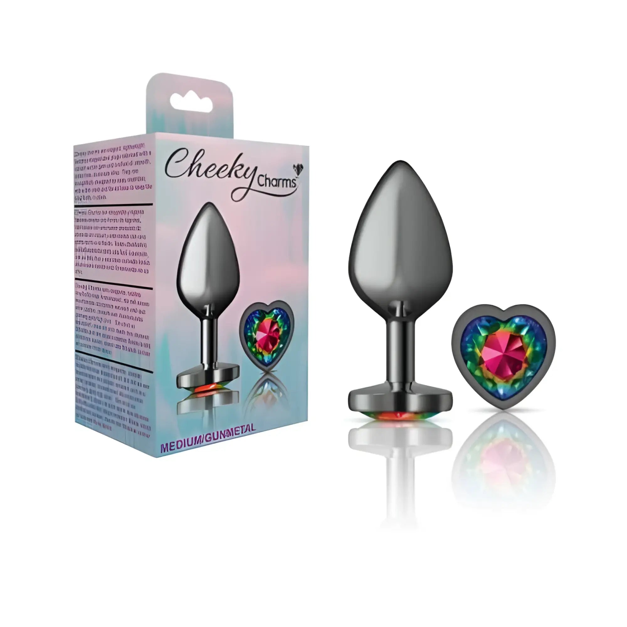 A sleek silver-toned gunmetal cheeky charms butt plug with a heart-shaped charm featuring rainbow gemstones