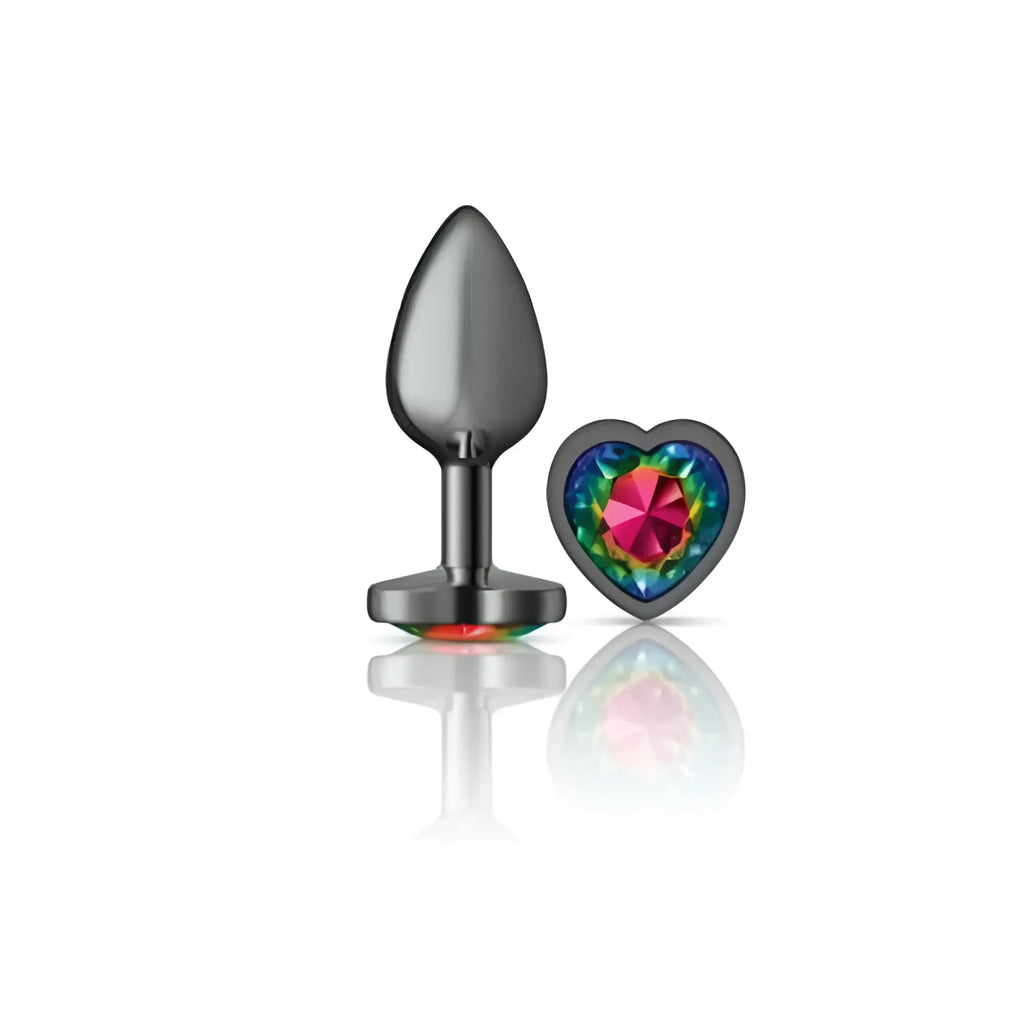 Black titanium butt plug with heart-shaped rainbow iridescent gemstone accent from cheeky charms gunmetal collection