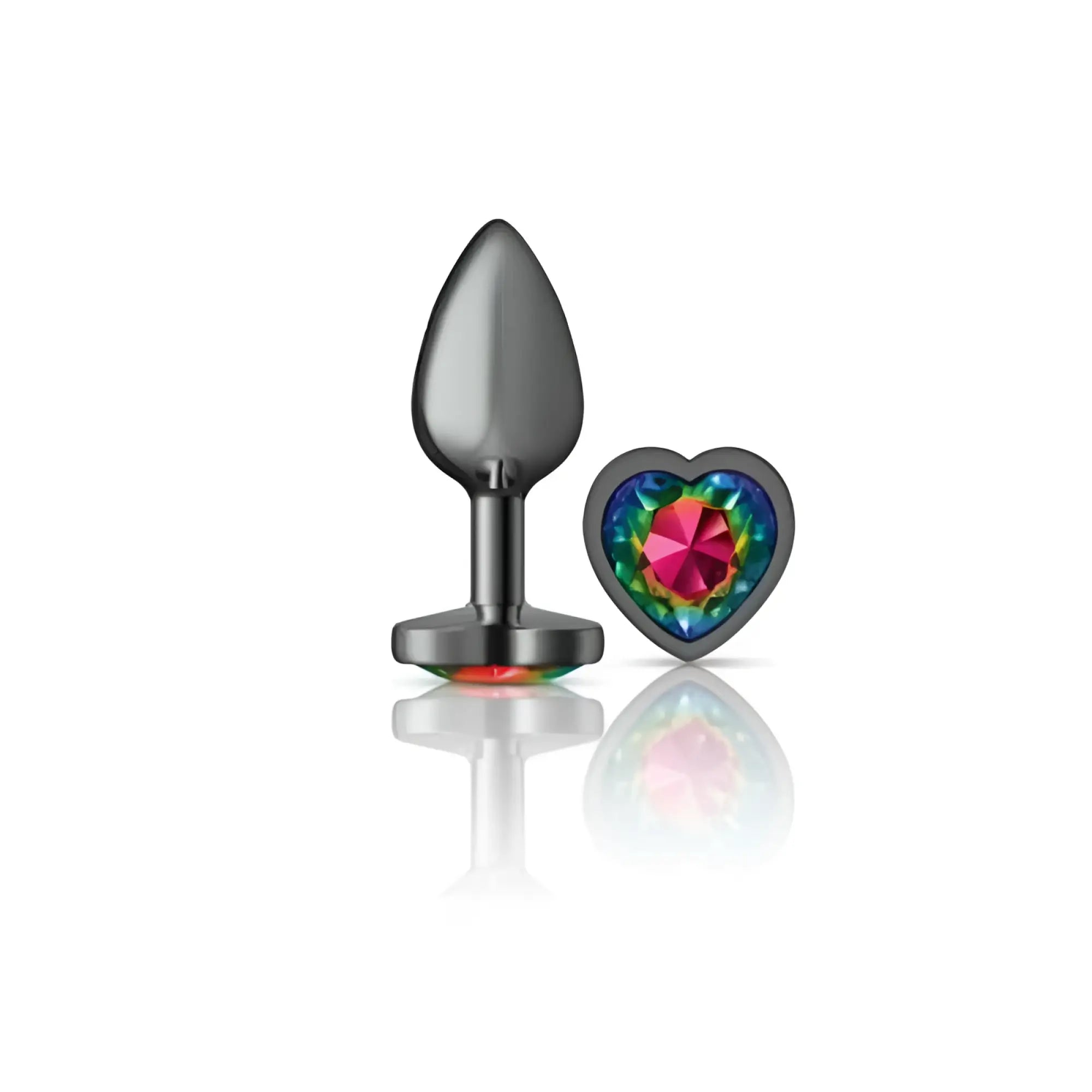 Black titanium butt plug with heart-shaped rainbow iridescent gemstone accent from cheeky charms gunmetal collection