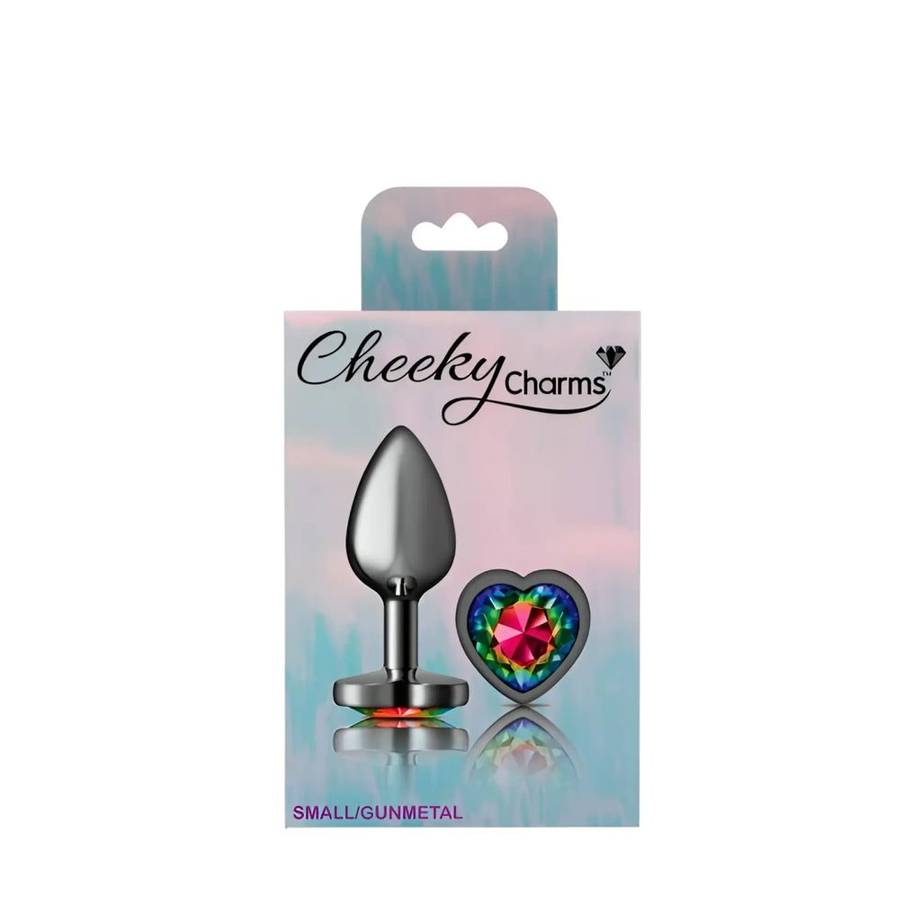 Cheeky Charms gunmetal butt plug with sleek polish and heart-shaped rainbow gemstone charm small size
