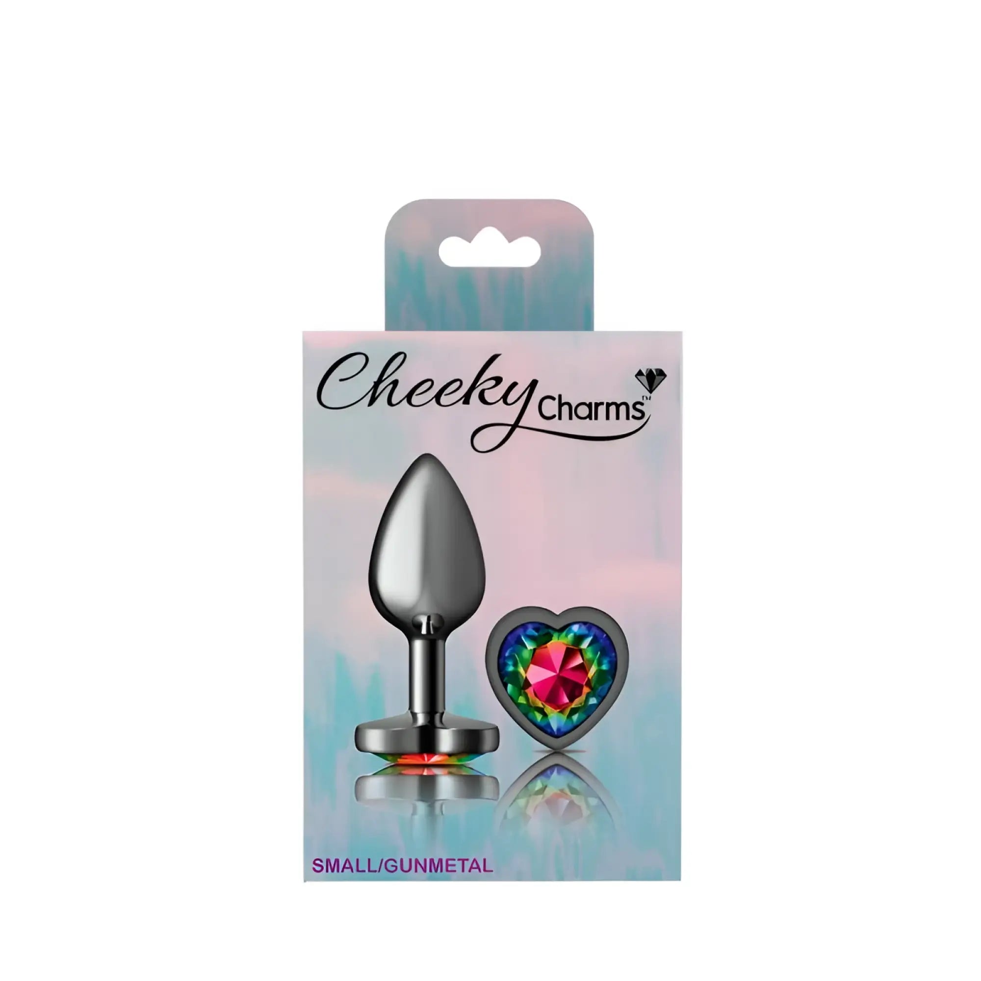 Cheeky Charms gunmetal butt plug with sleek polish and heart-shaped rainbow gemstone charm small size