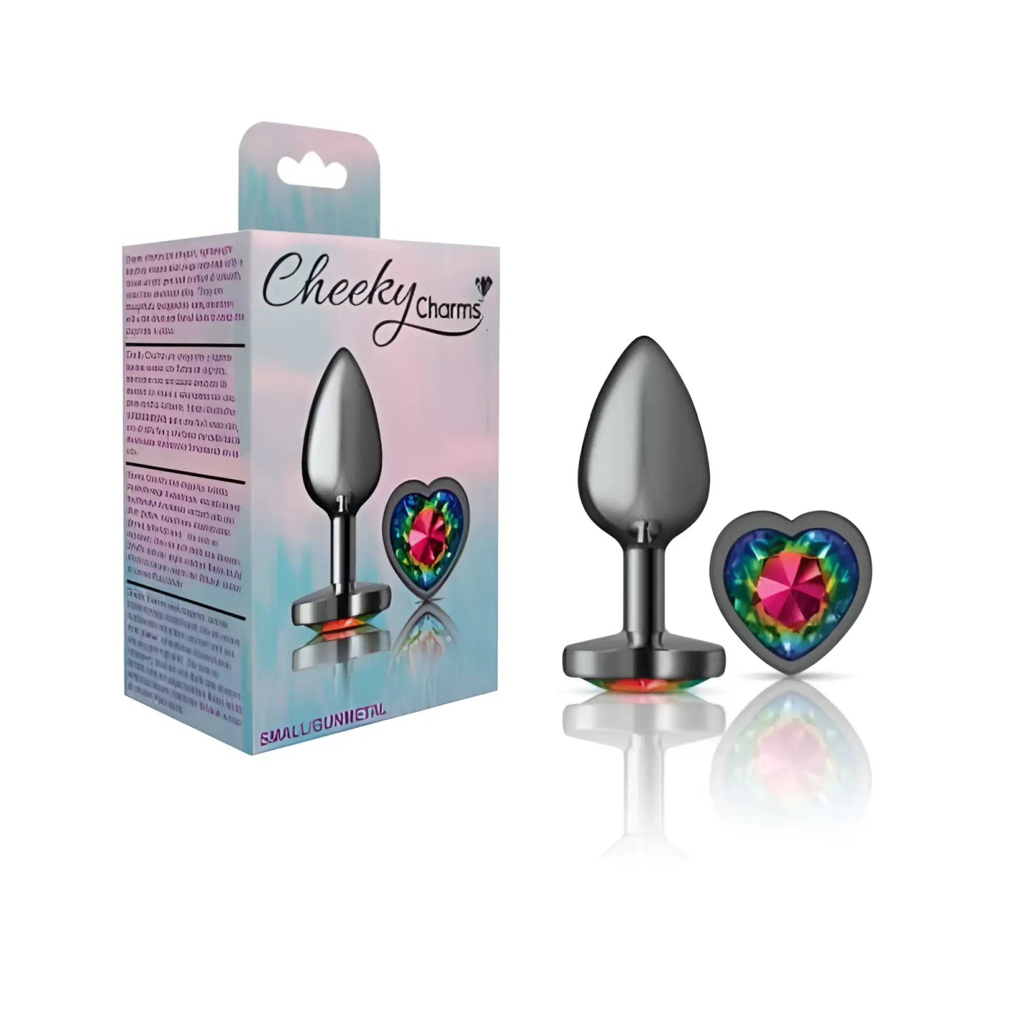 Silver-toned metal gunmetal butt plug with heart-shaped decorative cap and colorful faceted rainbow jewel center