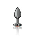 A sleek matte black cheaky charms gunmetal anal plug with a smooth teardrop head and a glowing red circular base
