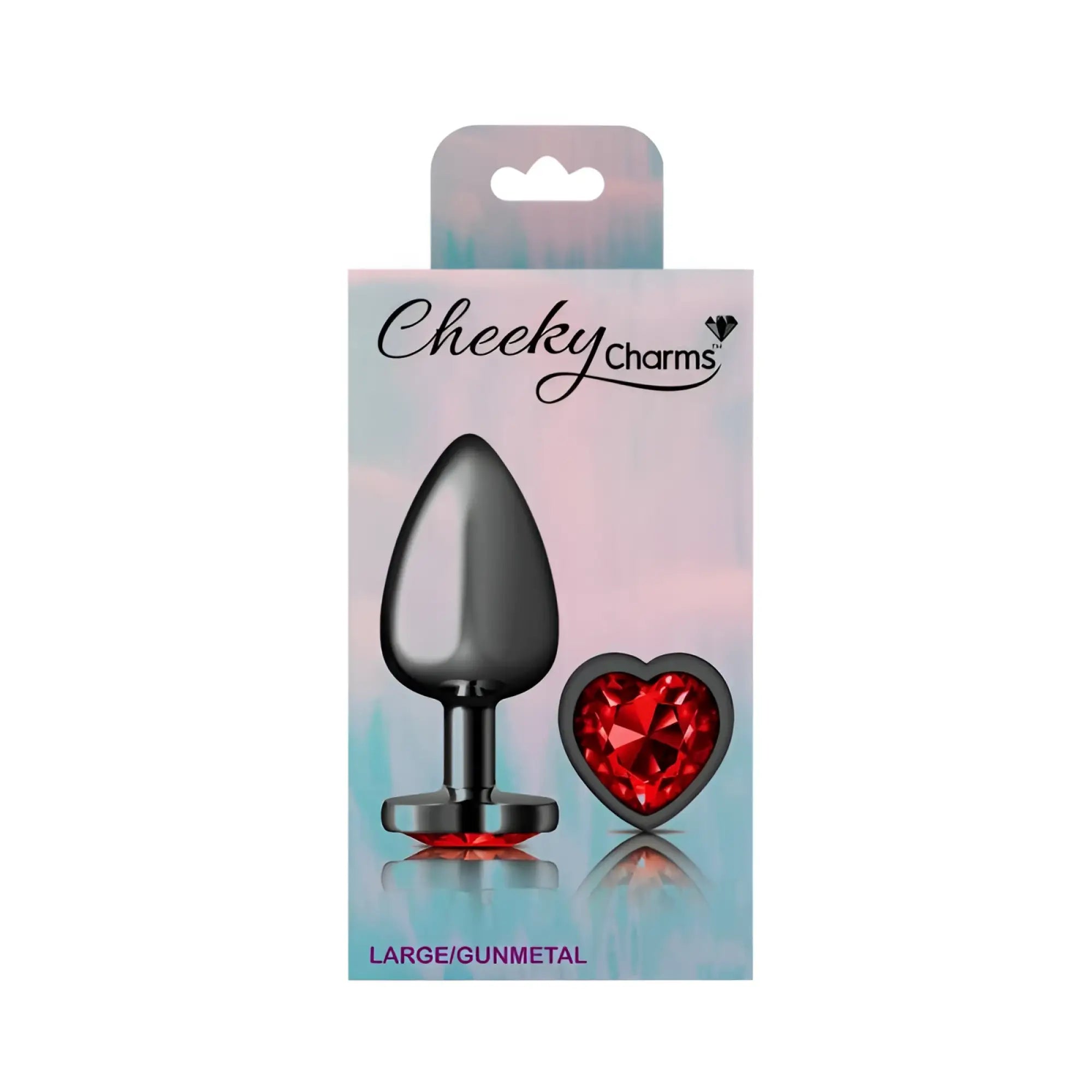 Cheeky charms gunmetal butt plug with heart shape and red jewel accent in large size for intimate use
