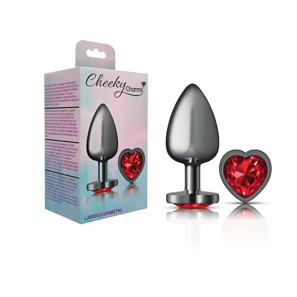 Silver gunmetal anal plug with a red heart-shaped gemstone accent cheeky charms large butt plug