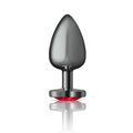 A sleek dark gray metallic cheeky charms gunmetal butt plug with a red heart jewel illuminated base large size