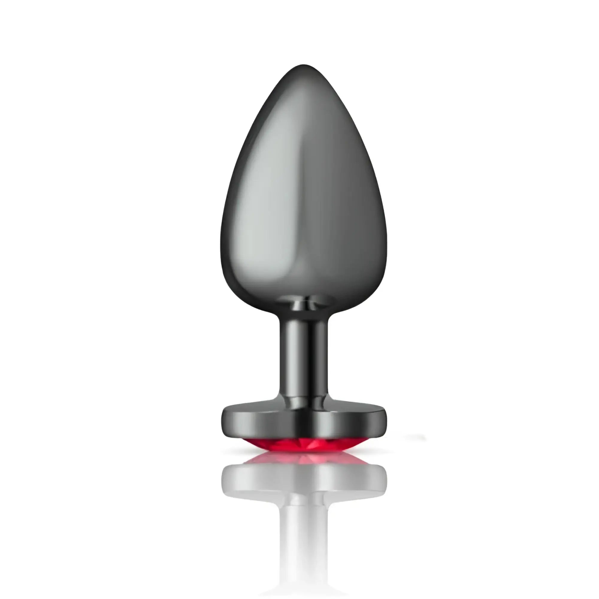 A sleek dark gray metallic cheeky charms gunmetal butt plug with a red heart jewel illuminated base large size