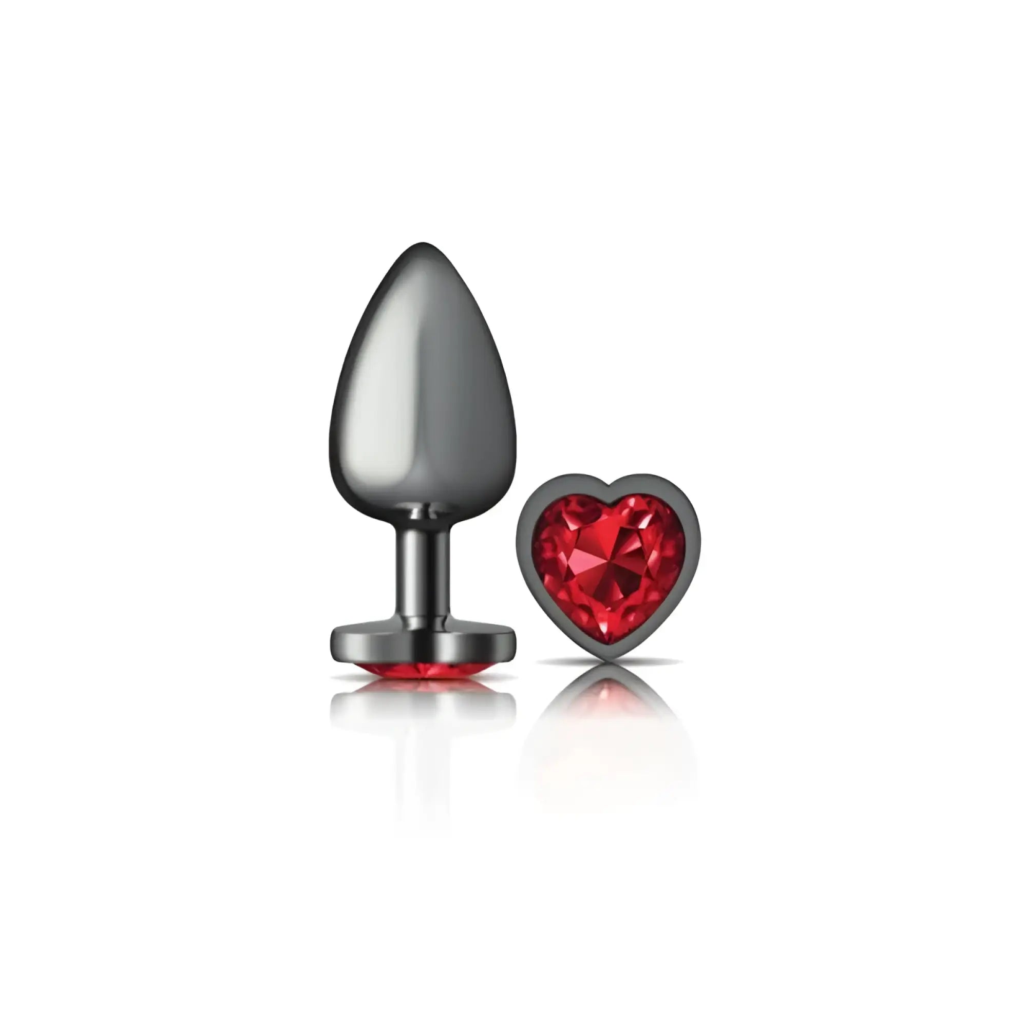 A sleek dark gray metallic Cheeky Charms gunmetal butt plug with smooth teardrop shape and heart red crystal jewel