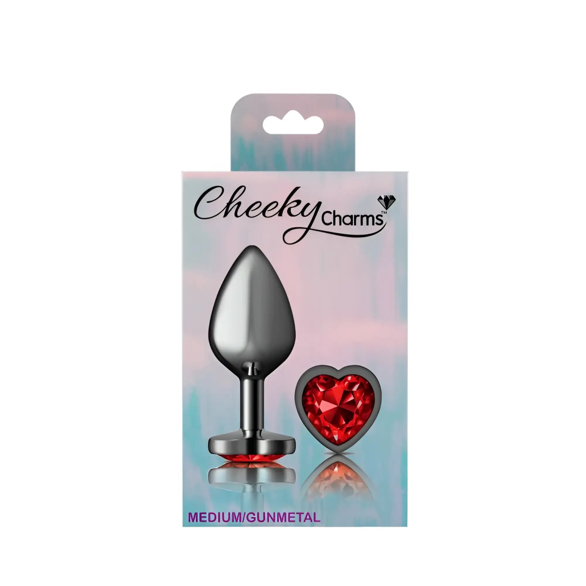 Cheeky Charms gunmetal teardrop butt plug with red heart jewel charm medium size for intimate use