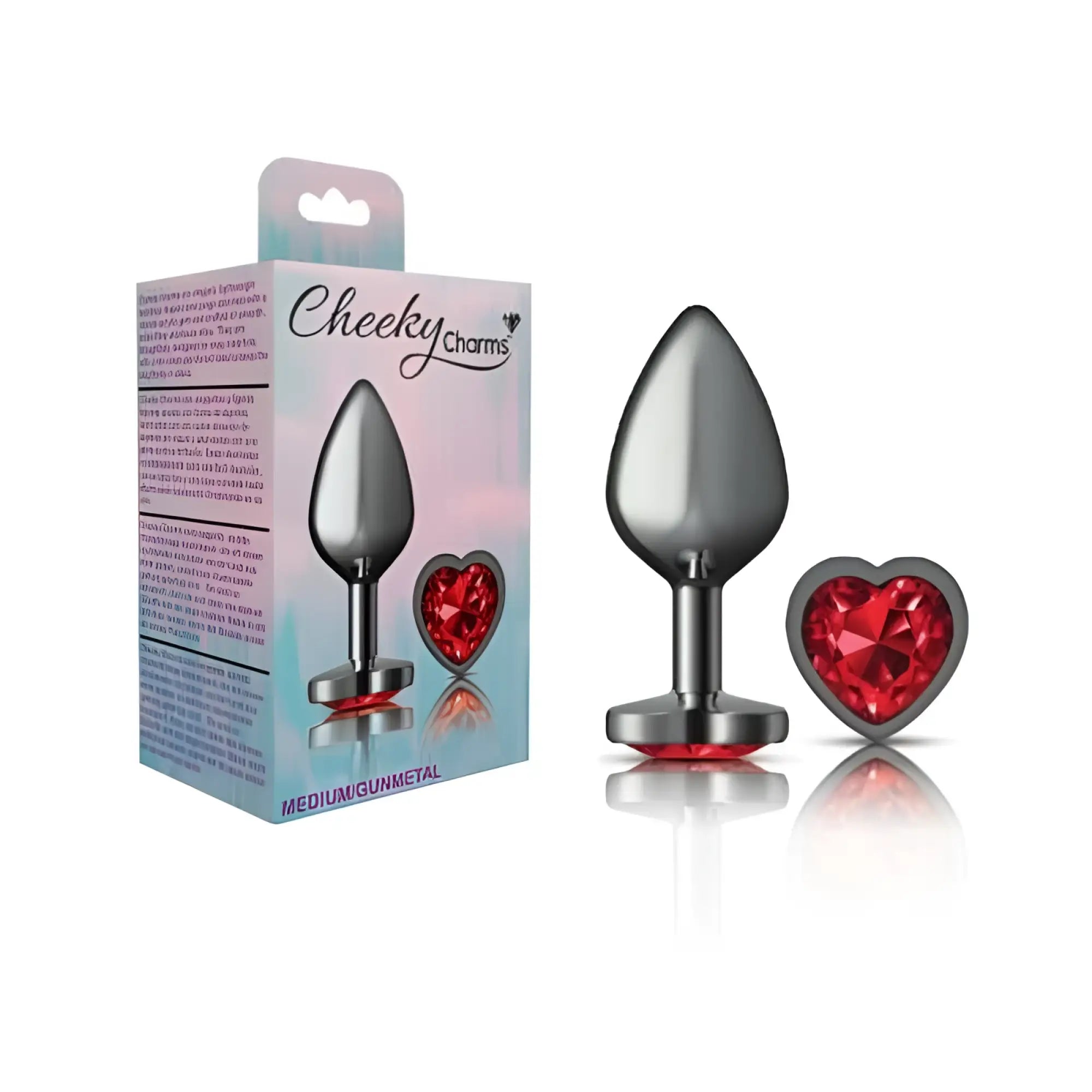 Silver metallic gunmetal butt plug with a heart-shaped red gemstone accent medium size by cheeky charms