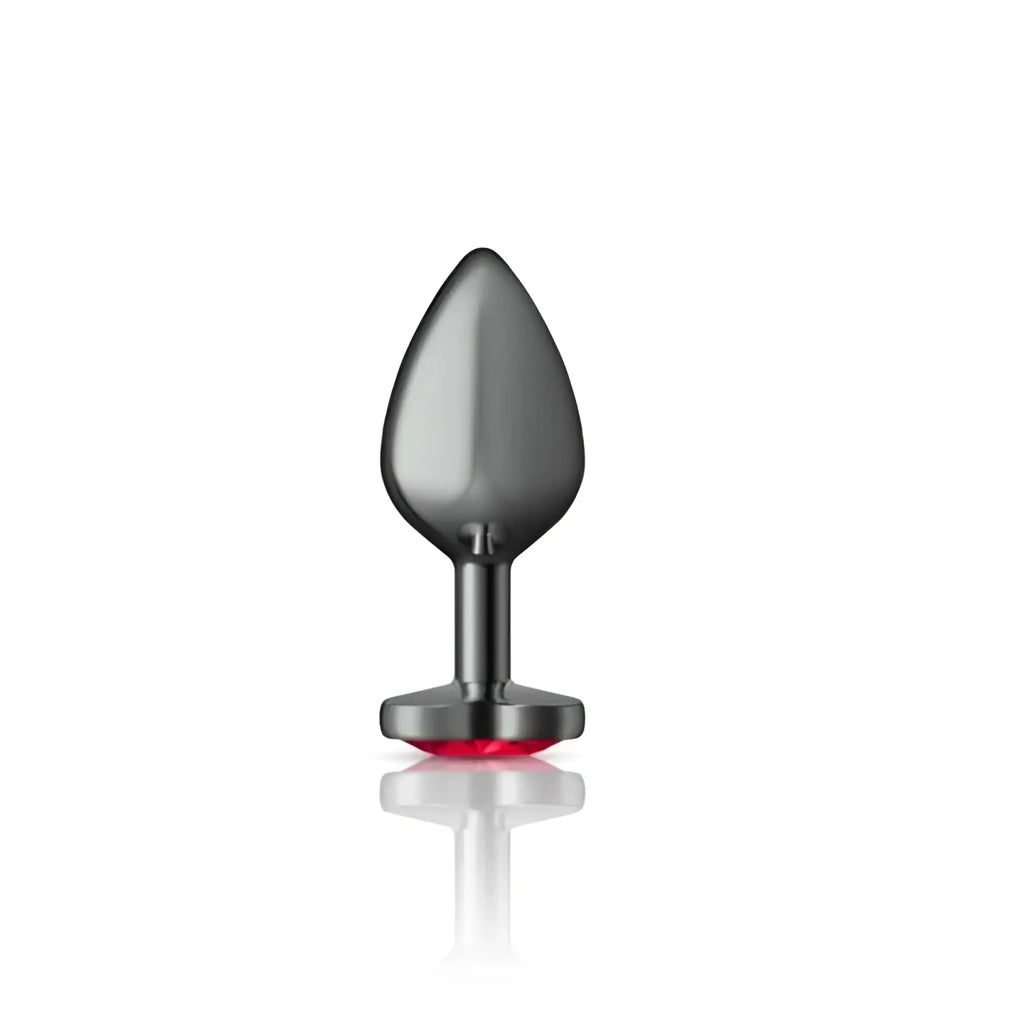Cheeky Charms gunmetal medium butt plug in sleek matte black metal with a red heart-shaped illuminated base