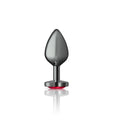 Cheeky Charms gunmetal medium butt plug in sleek matte black metal with a red heart-shaped illuminated base