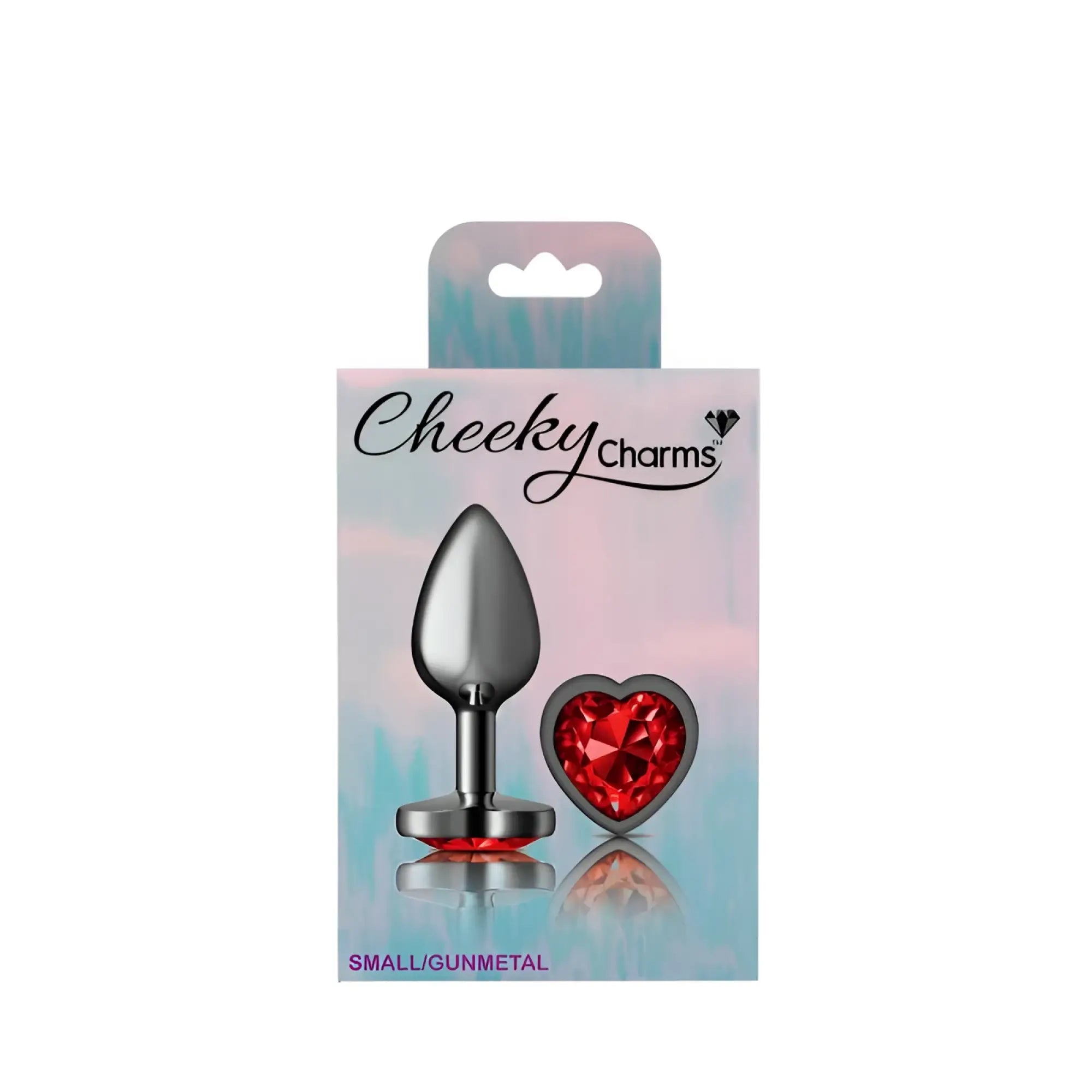 Cheeky charms gunmetal anal plug with red heart-shaped gemstone accent small size for intimate use