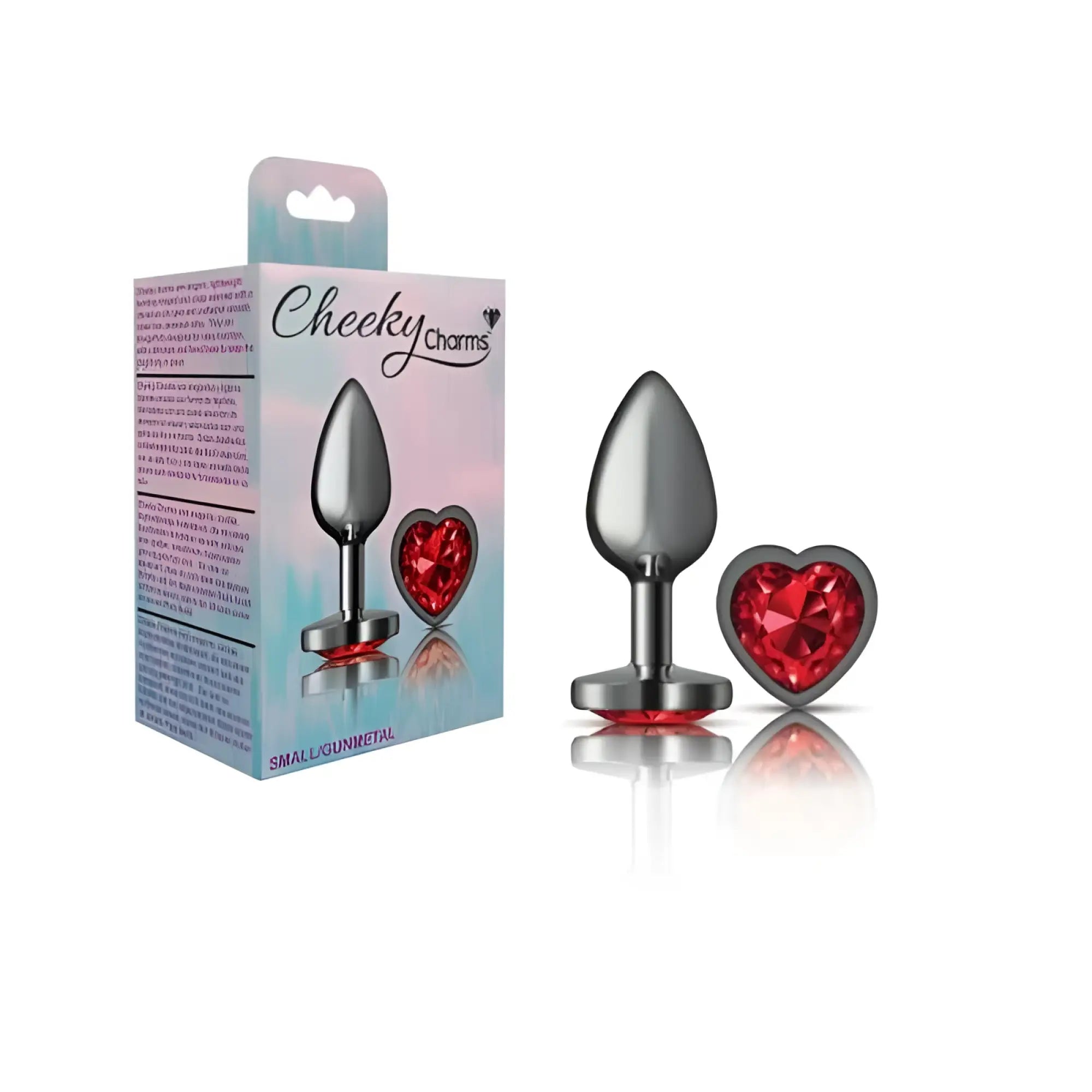 Silver-toned gunmetal butt plug with a heart-shaped red gemstone accent from cheeky charms in small size