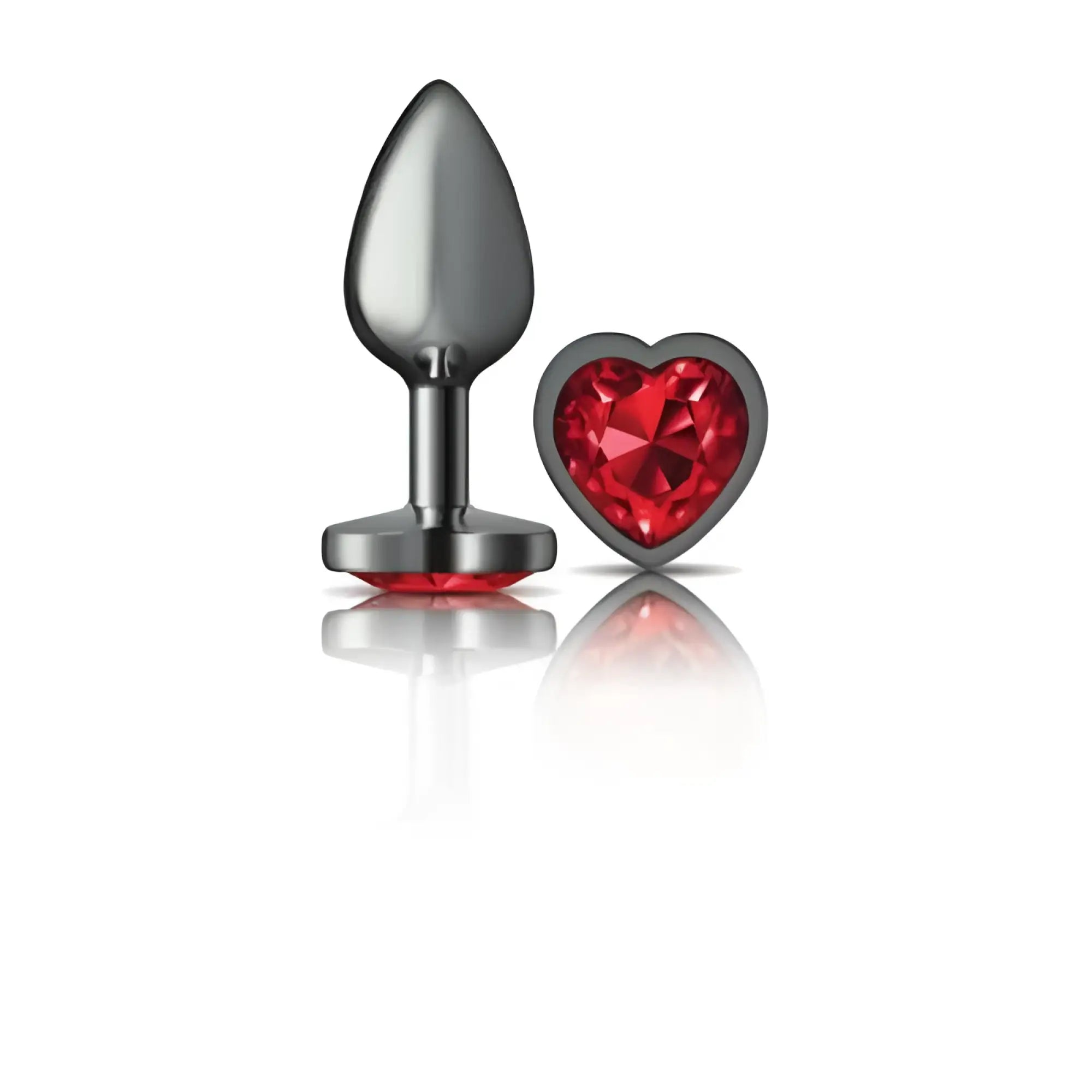 A sleek dark gunmetal anal plug with a teardrop shape and red jewel base with matching heart-shaped charm