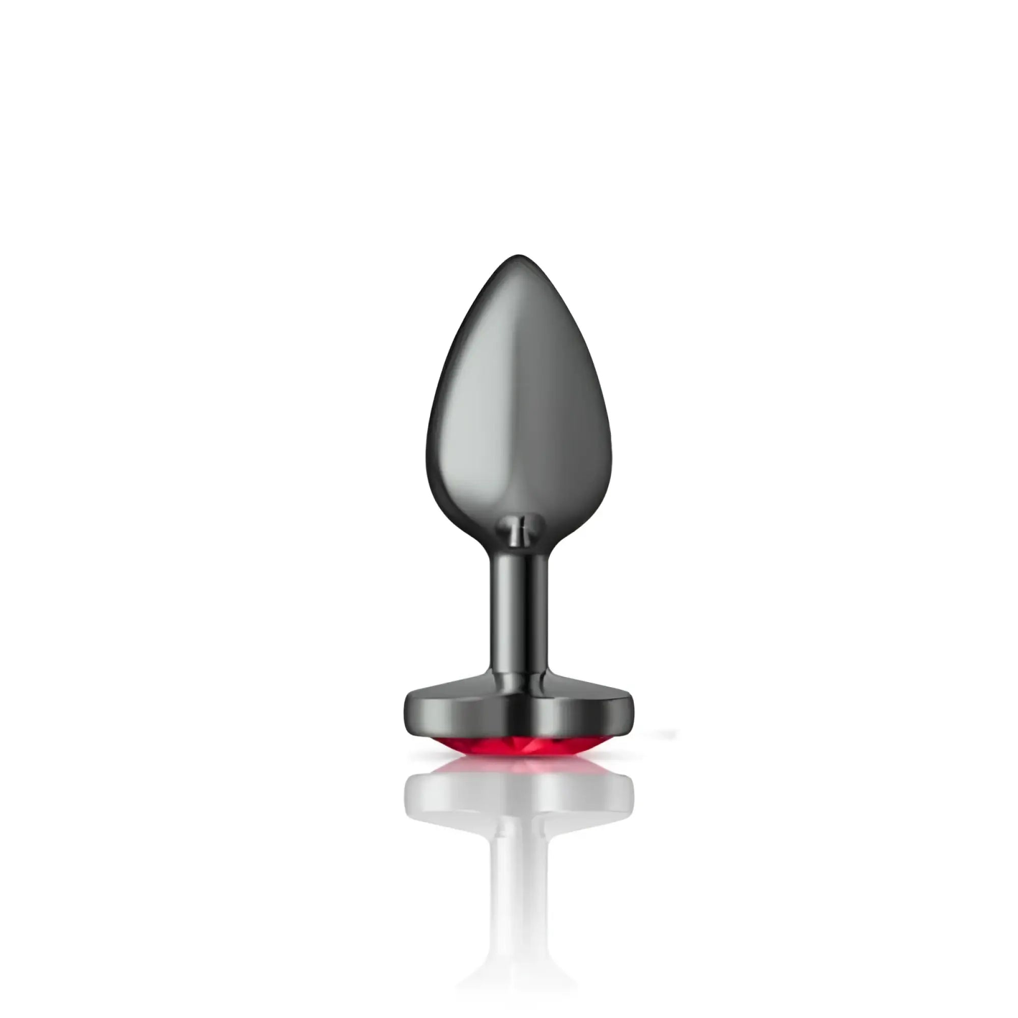 A sleek matte black chewky charms gunmetal butt plug with a red illuminated heart jewel base small size