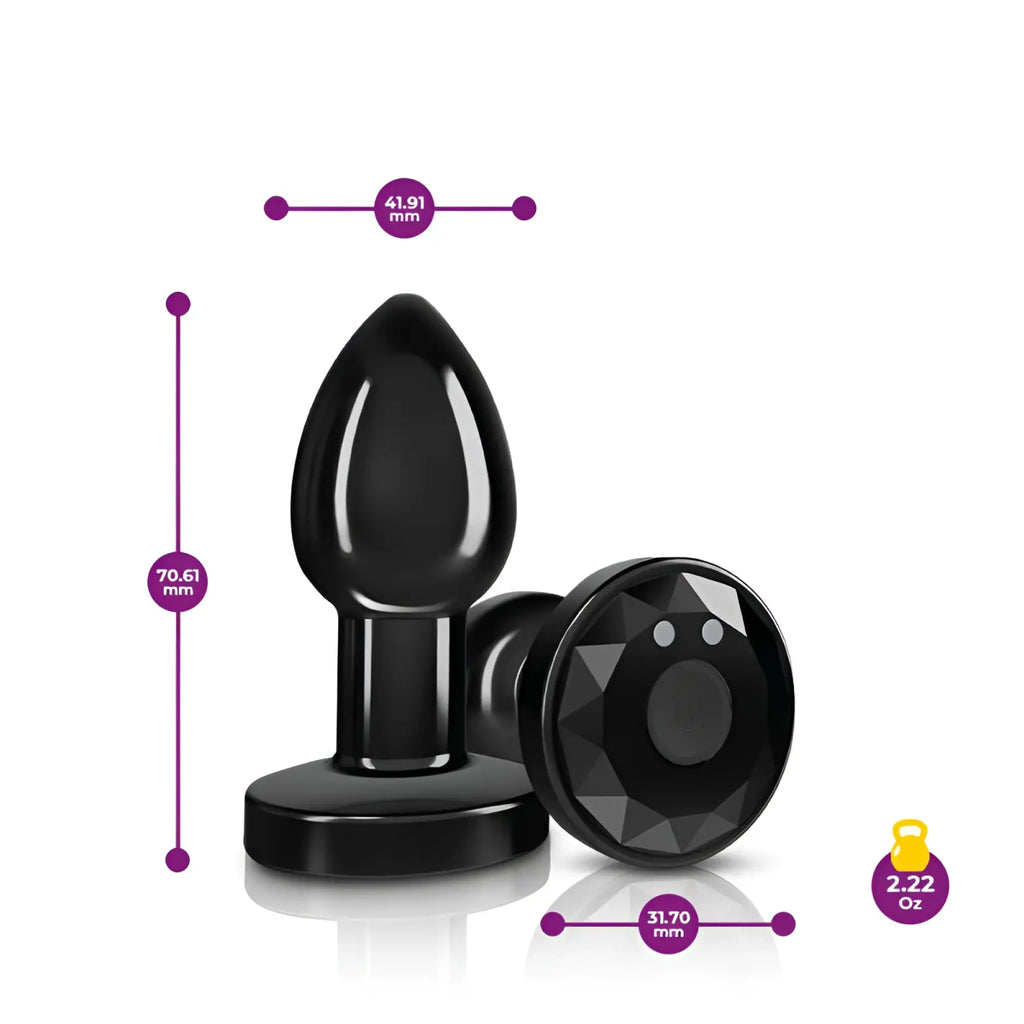 Black glossy plastic anal plug with faceted diamond-shaped base and rounded tip from cheeky charms gunmetal series