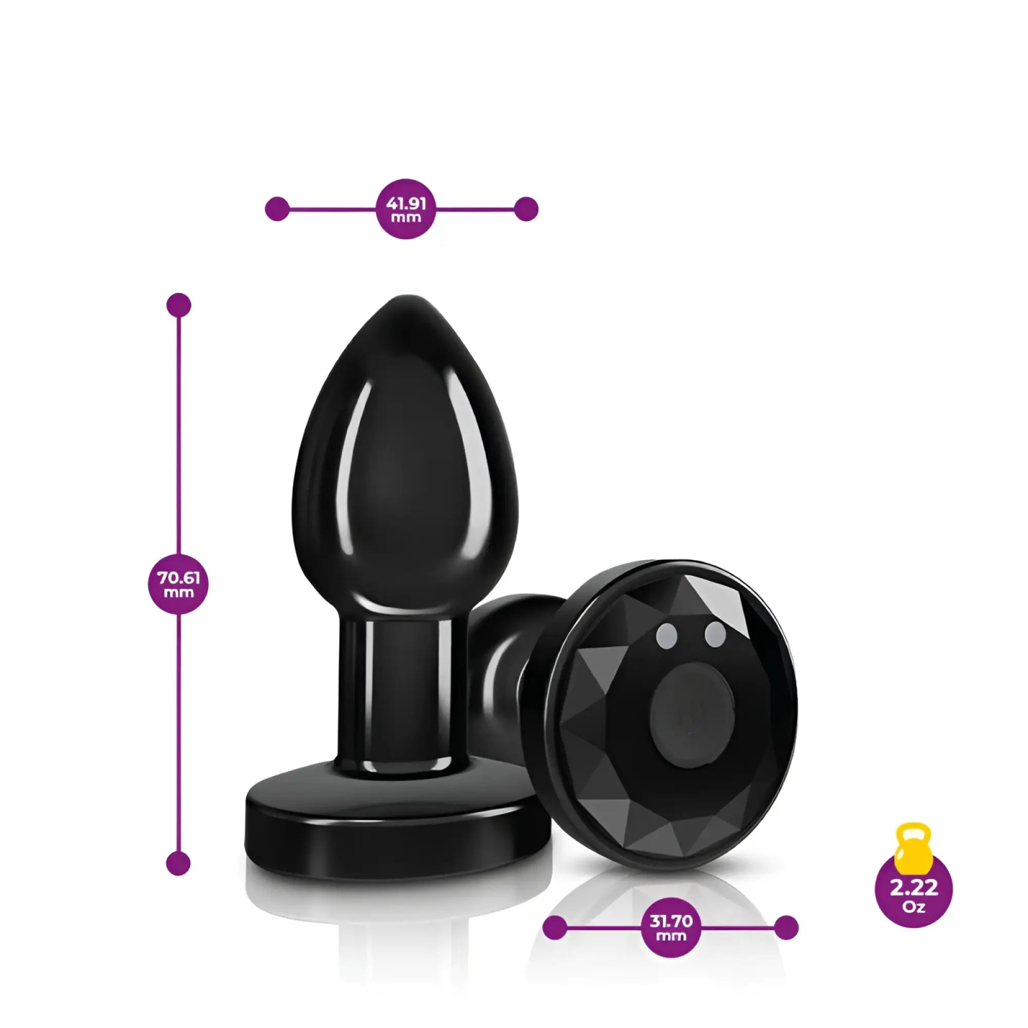 Black glossy plastic anal plug with faceted diamond-shaped base and rounded tip from cheeky charms gunmetal series