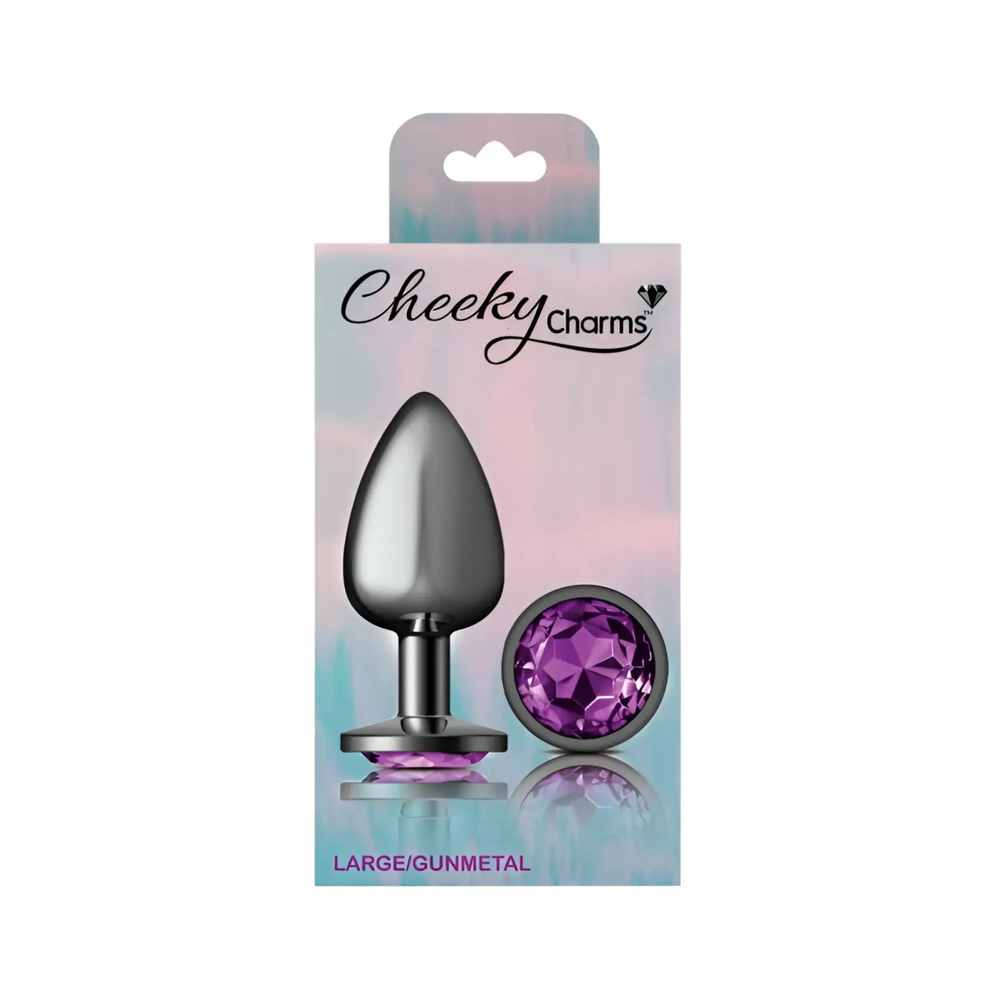 Cheeky Charms gunmetal anal plug with large faceted purple gemstone cap designed for comfortable use