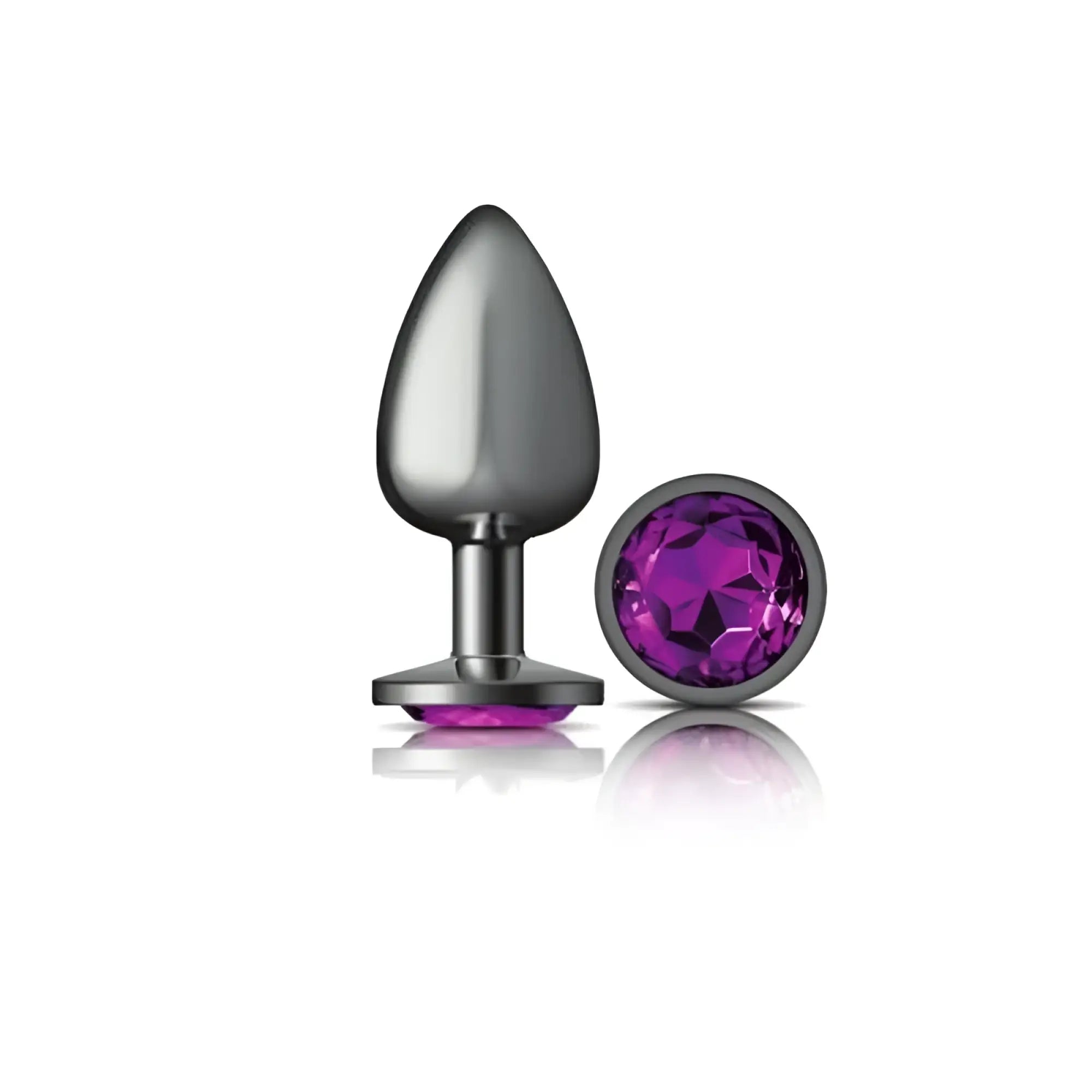 Cheeky charms gunmetal large round butt plug with purple gemstone faceted jewel and sleek metallic silver body and base