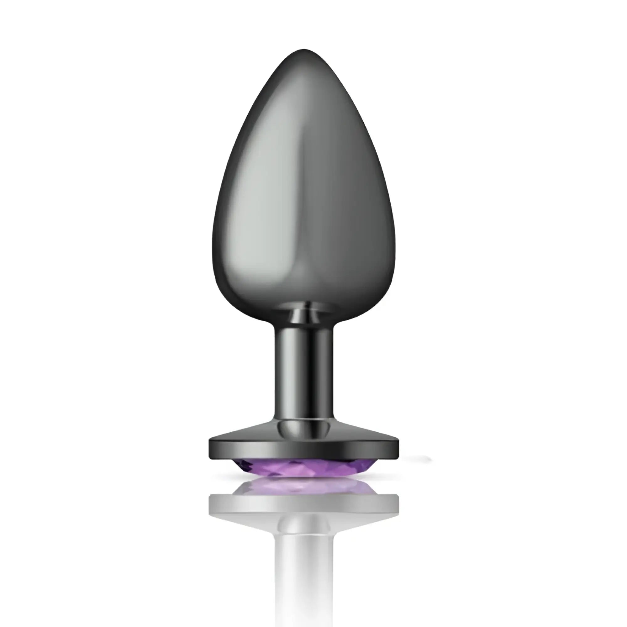 A sleek dark gray metallic gunmetal anal plug with smooth teardrop head and purple jewel flat base by Cheeky Charms