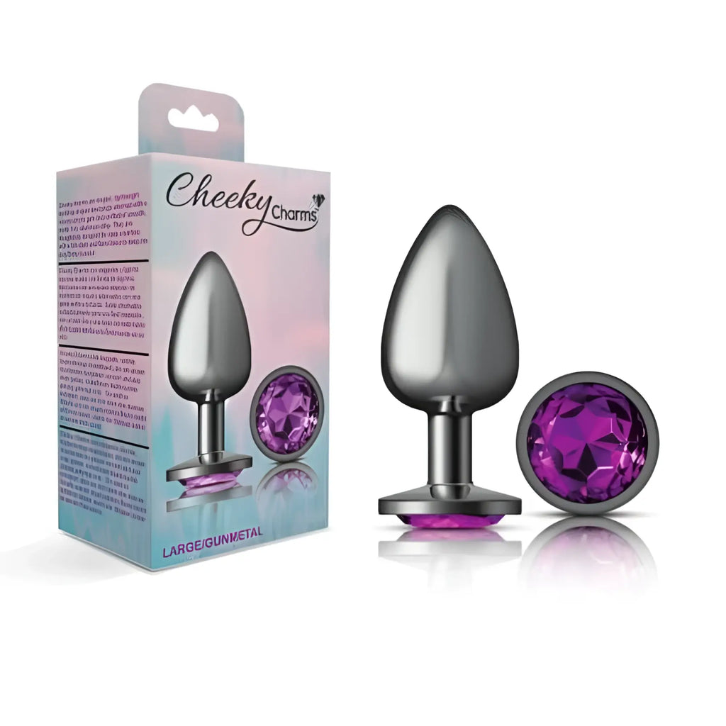 A sleek metallic purple gemstone anal plug with polished chrome finish and matching circular base by Cheeky Charms