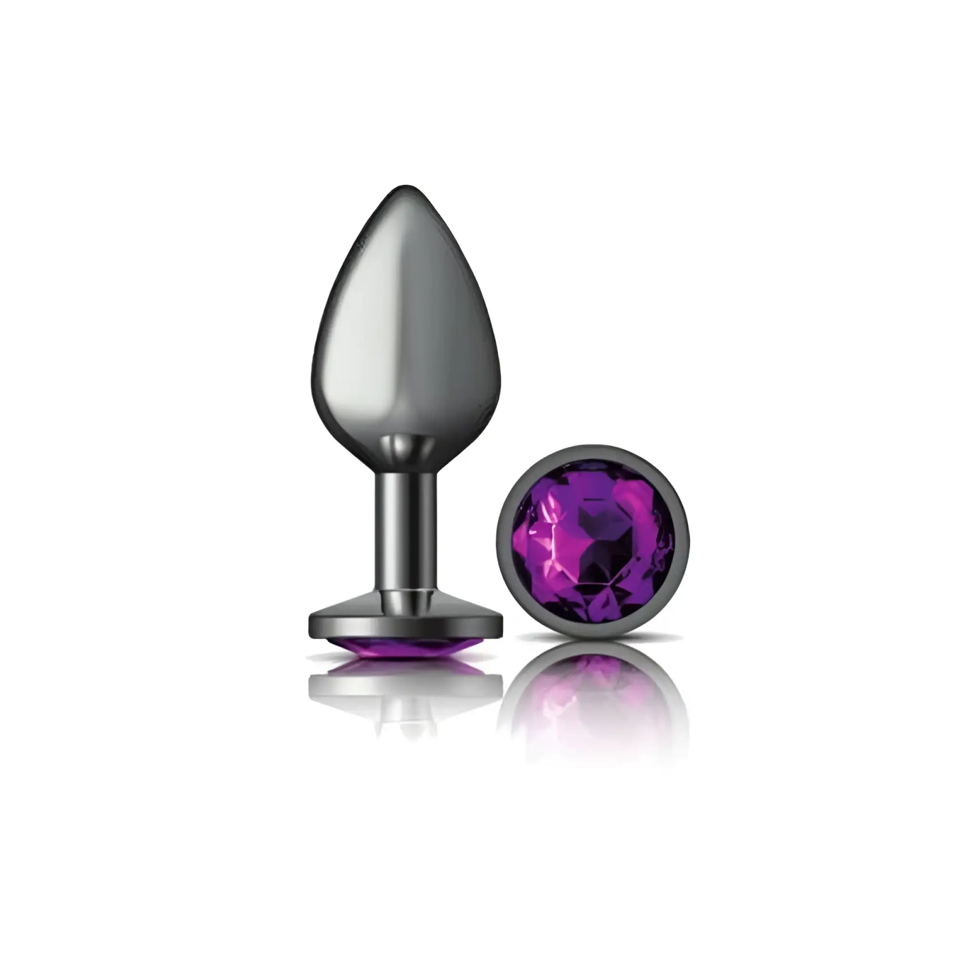 Cheeky Charms gunmetal round metallic butt plug with purple gemstone-encrusted teardrop head and circular base