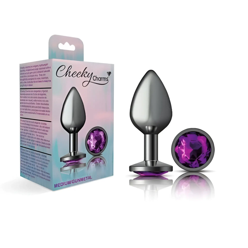 Silver-toned metal gunmetal butt plug with a faceted purple gemstone cap branded cheeky charms medium size