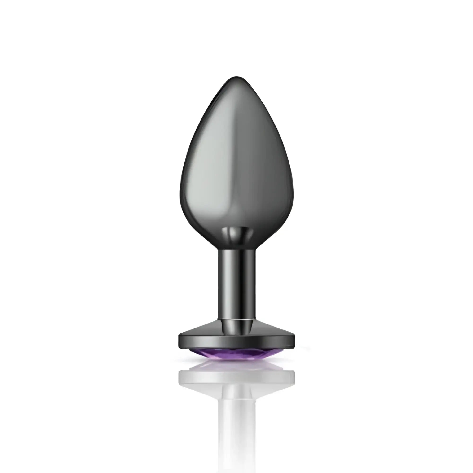 Cheeky Charms gunmetal round medium butt plug in matte black metal with smooth teardrop head and purple jewel base