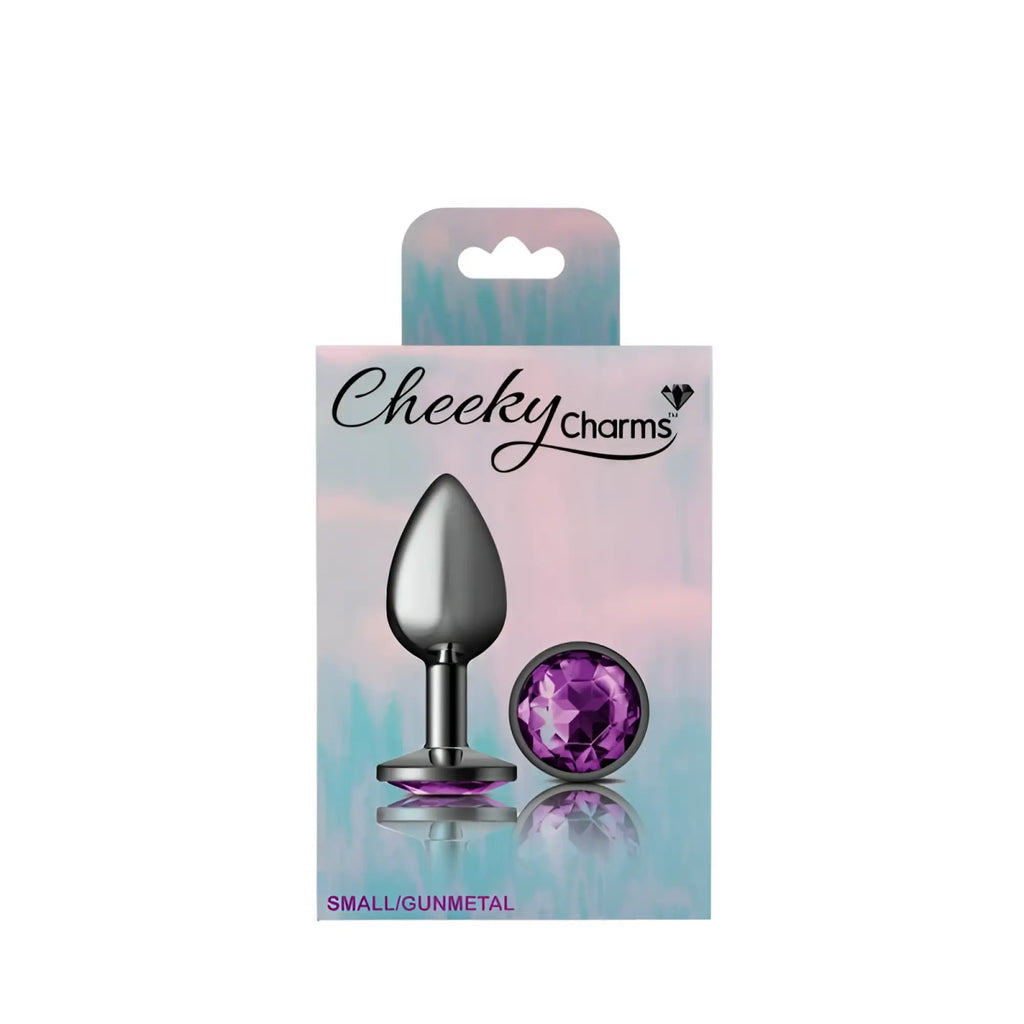 Cheeky Charms gunmetal teardrop-shaped butt plug with purple jewel charm small for intimate use