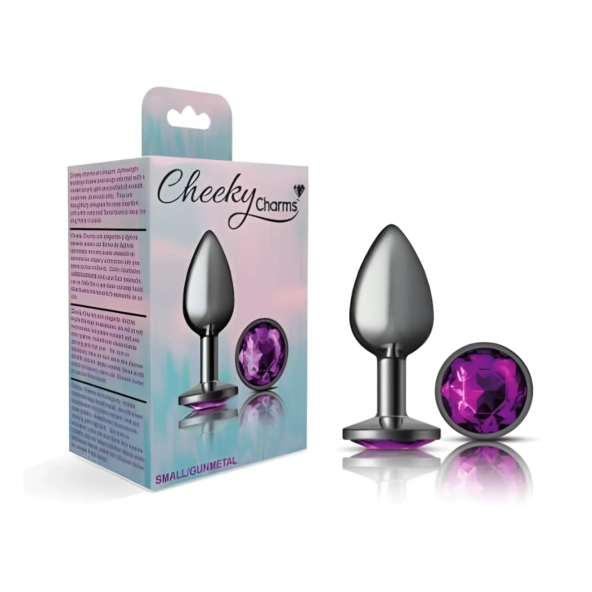 Silver-toned metallic cheeky charms gunmetal round butt plug with faceted purple jewel accent on base small size