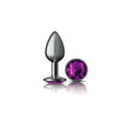 A sleek dark gray metallic cheeky charms gunmetal small butt plug with a teardrop head and purple jewel cap